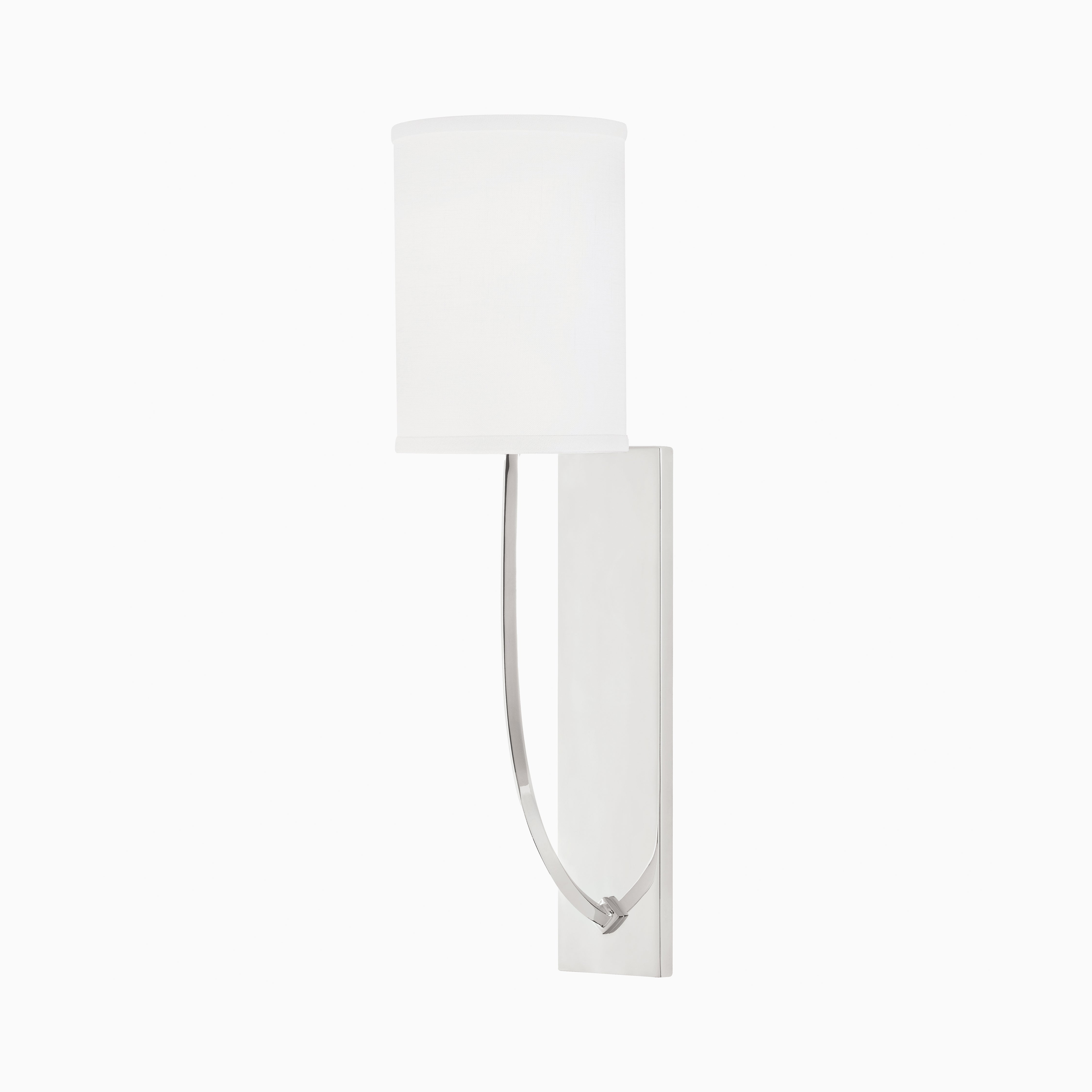 Wall sconce with a white linen shade and curved arm on a sleek polished nickel backplate, offering a crisp, modern elegance.