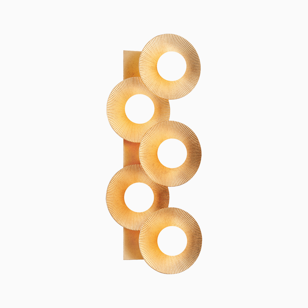 Crafted with open ring forms and glowing white opal glass, our Cressida 5-Light Wall Sconce in Vintage Gold Leaf adds warm gold detail to luxe or retro-inspired interiors.