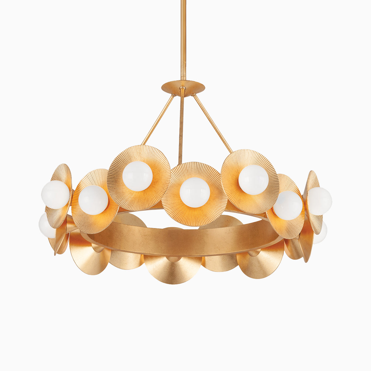 With warm metallic tones and structured rhythm, the Cressida 32" Chandelier features opal bulbs and fluted discs in a glowing, gallery-like ceiling fixture.
