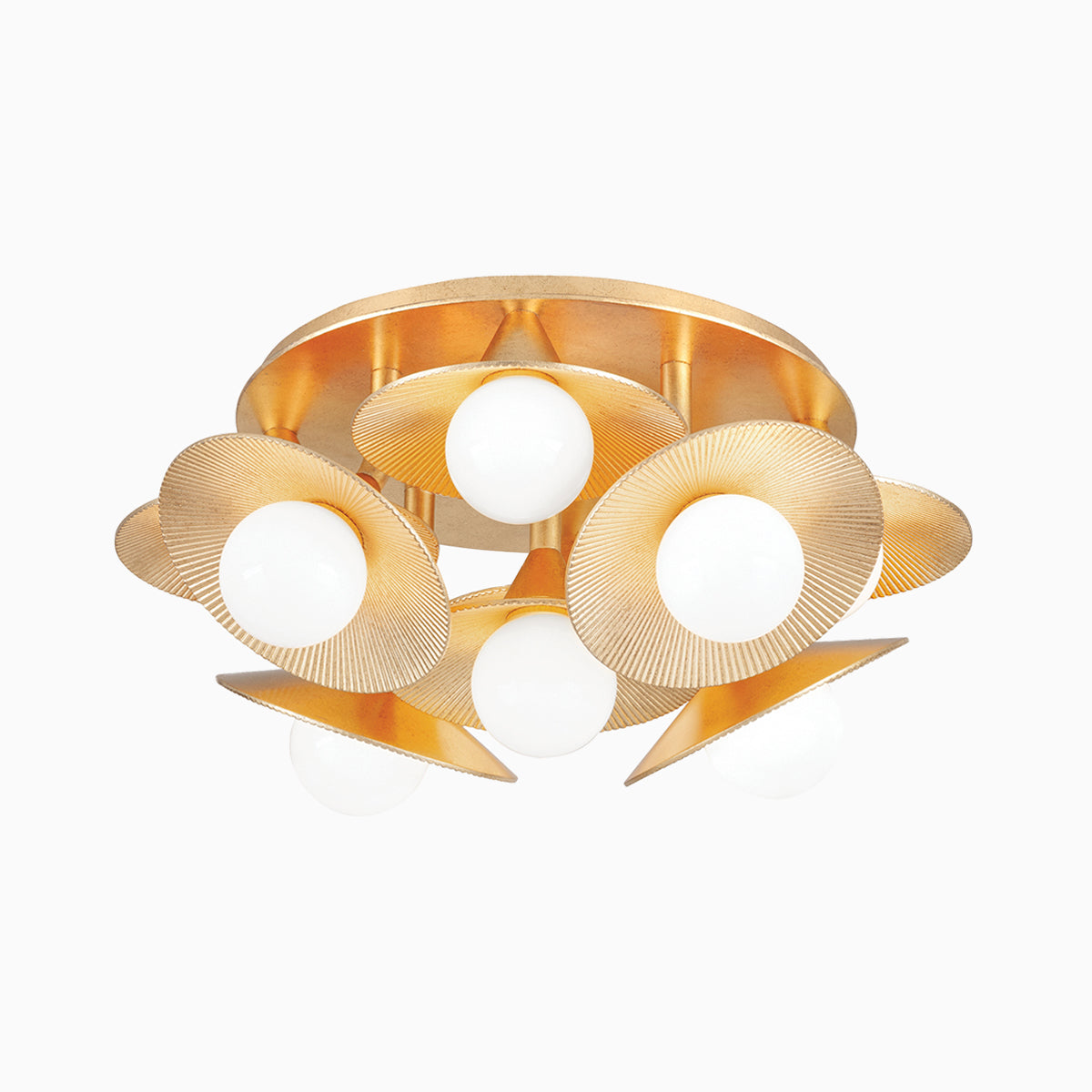 Featuring a layered composition of nine opal shades and textured gold discs, our Cressida Semi-Flush in Vintage Gold Leaf suits eclectic, modern glam rooms.