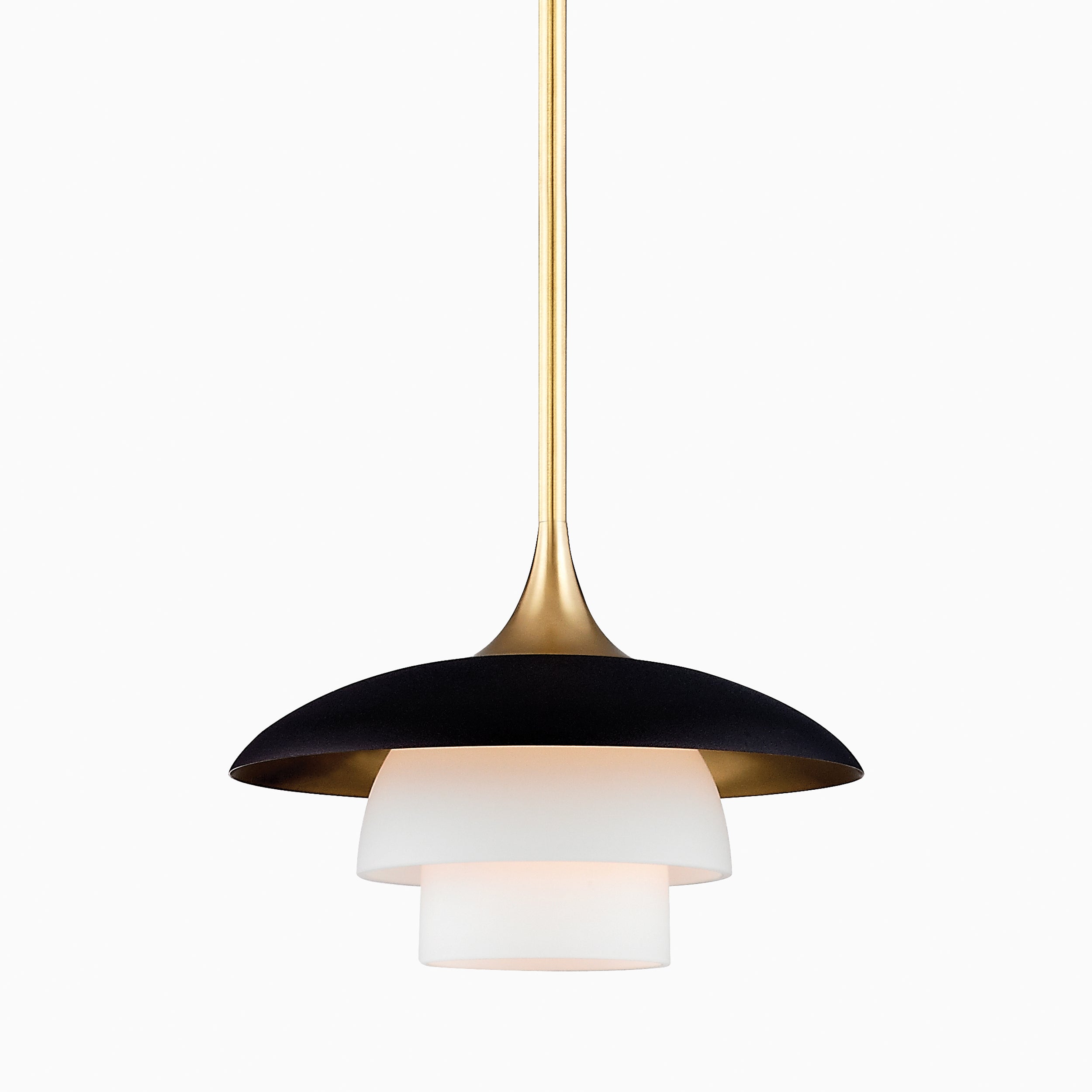 Elegant pendant light with layered white glass shades and a flared black and brass canopy for a sleek, mid-century modern touch