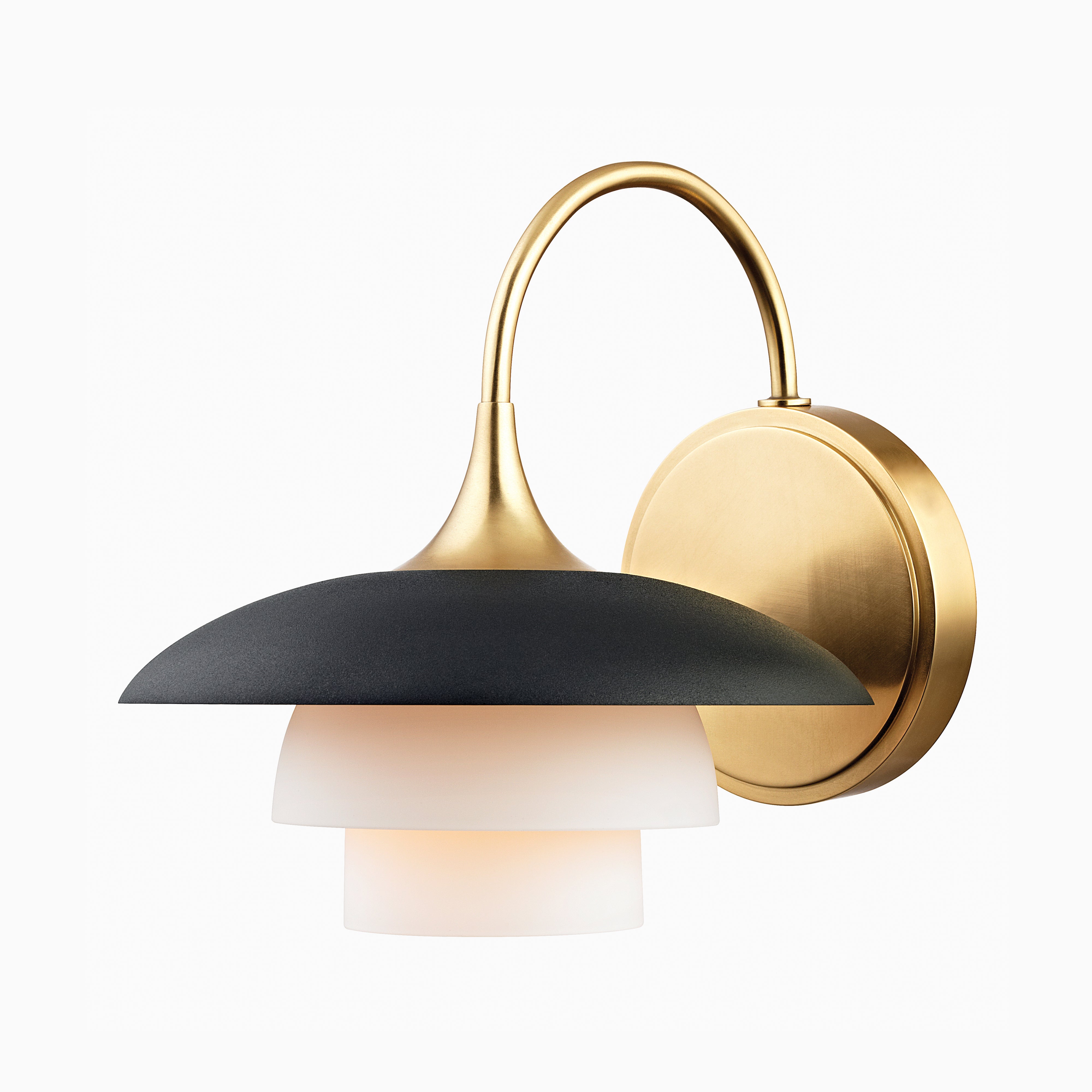 Chic wall sconce featuring tiered white glass shades beneath a flared black and brass hood on a curved golden arm.