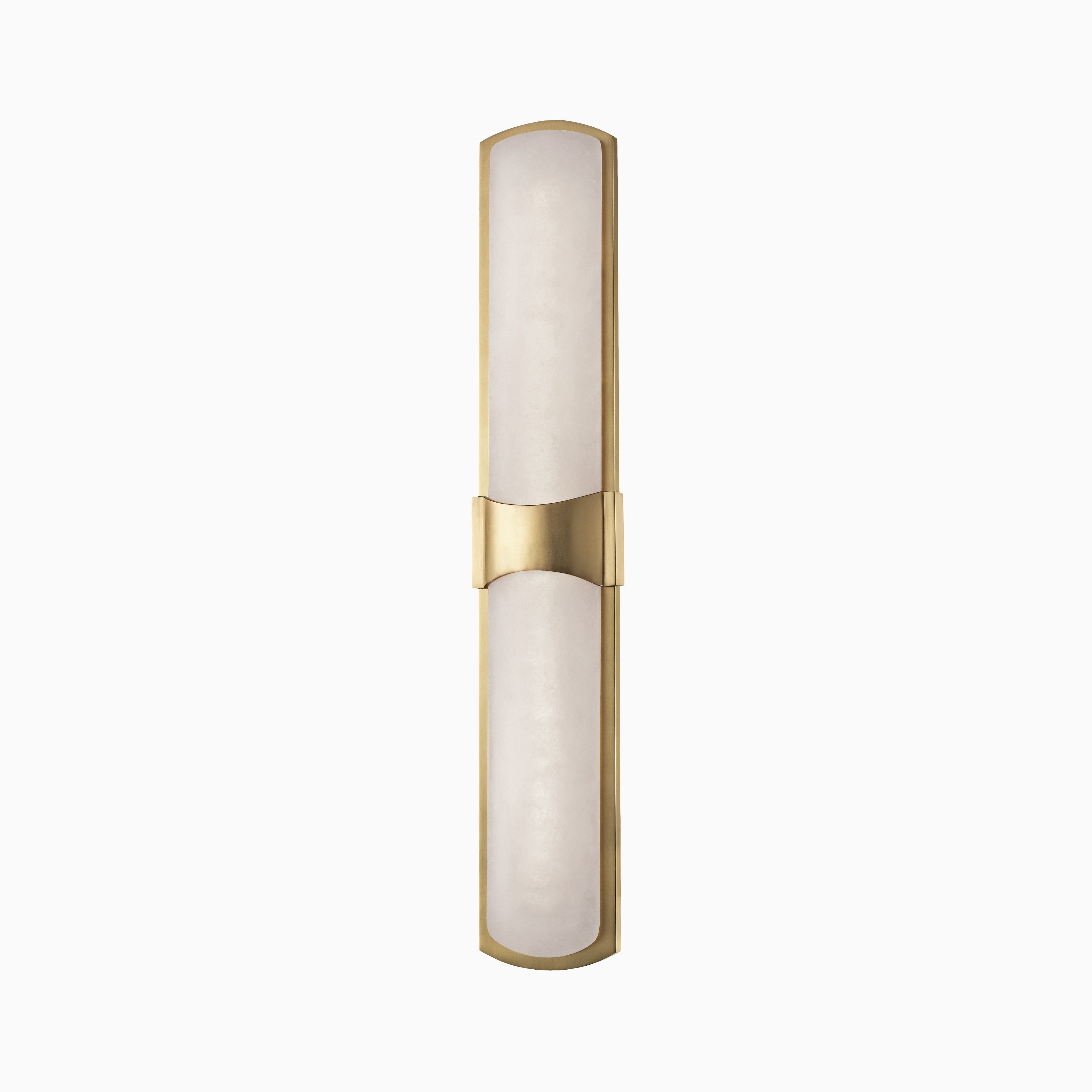 Slim vertical wall sconce with a frosted glass shade and aged brass frame, featuring a curved center bracket for mounting.