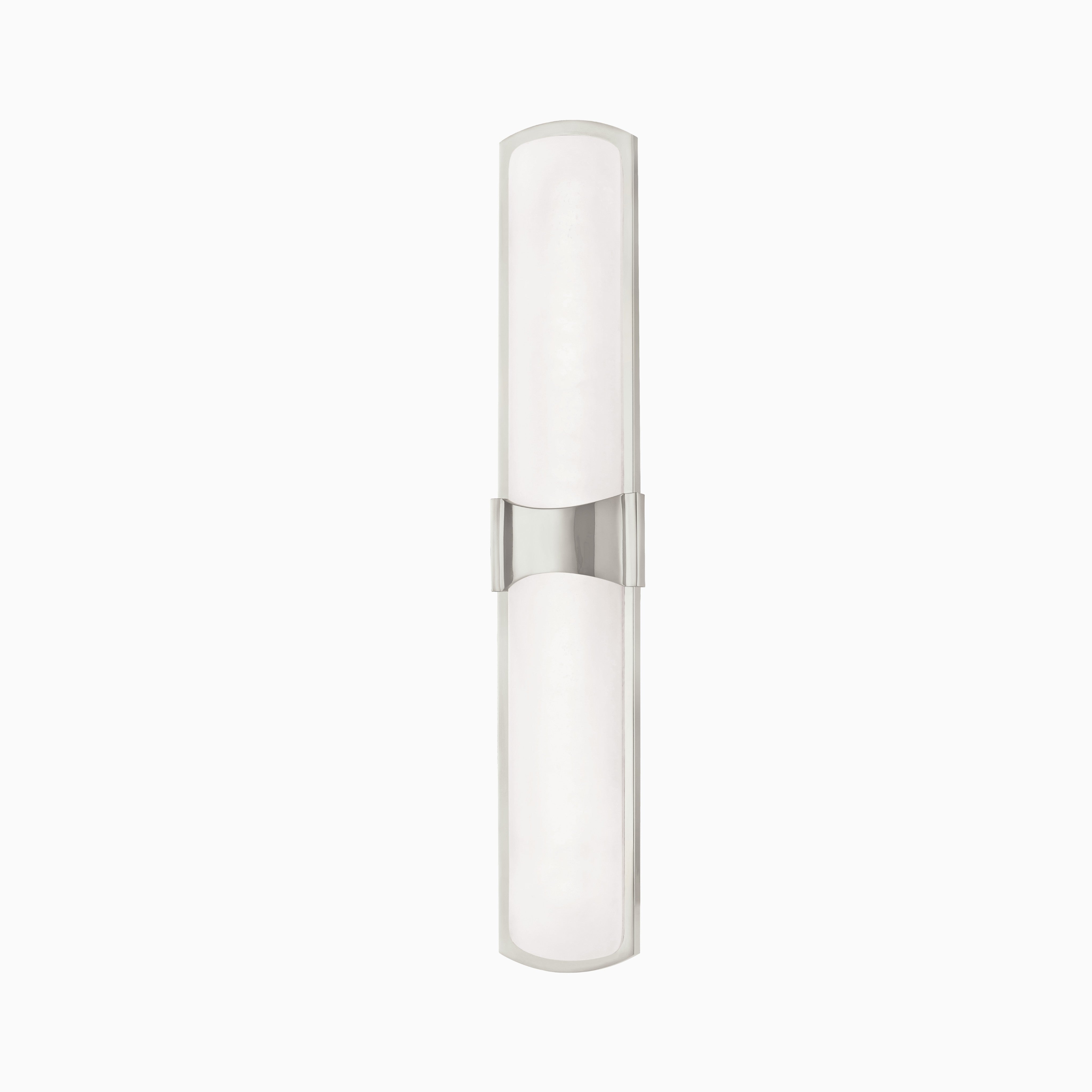 Slim vertical wall sconce with a frosted glass shade and polished nickel frame, featuring a curved center bracket for wall mounting.