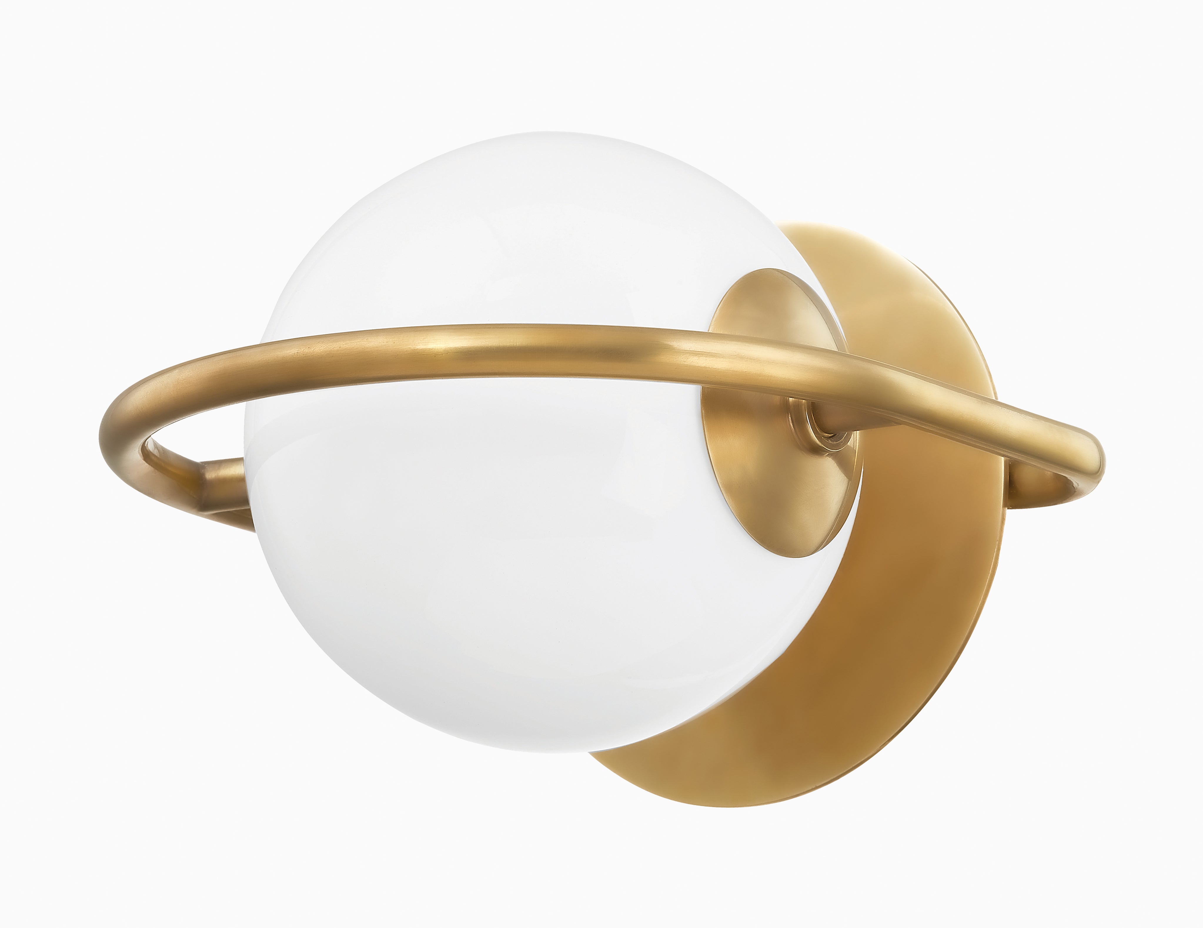 Modern wall sconce with a white glass globe encircled by a vintage brass ring, mounted on a round brass backplate for support.