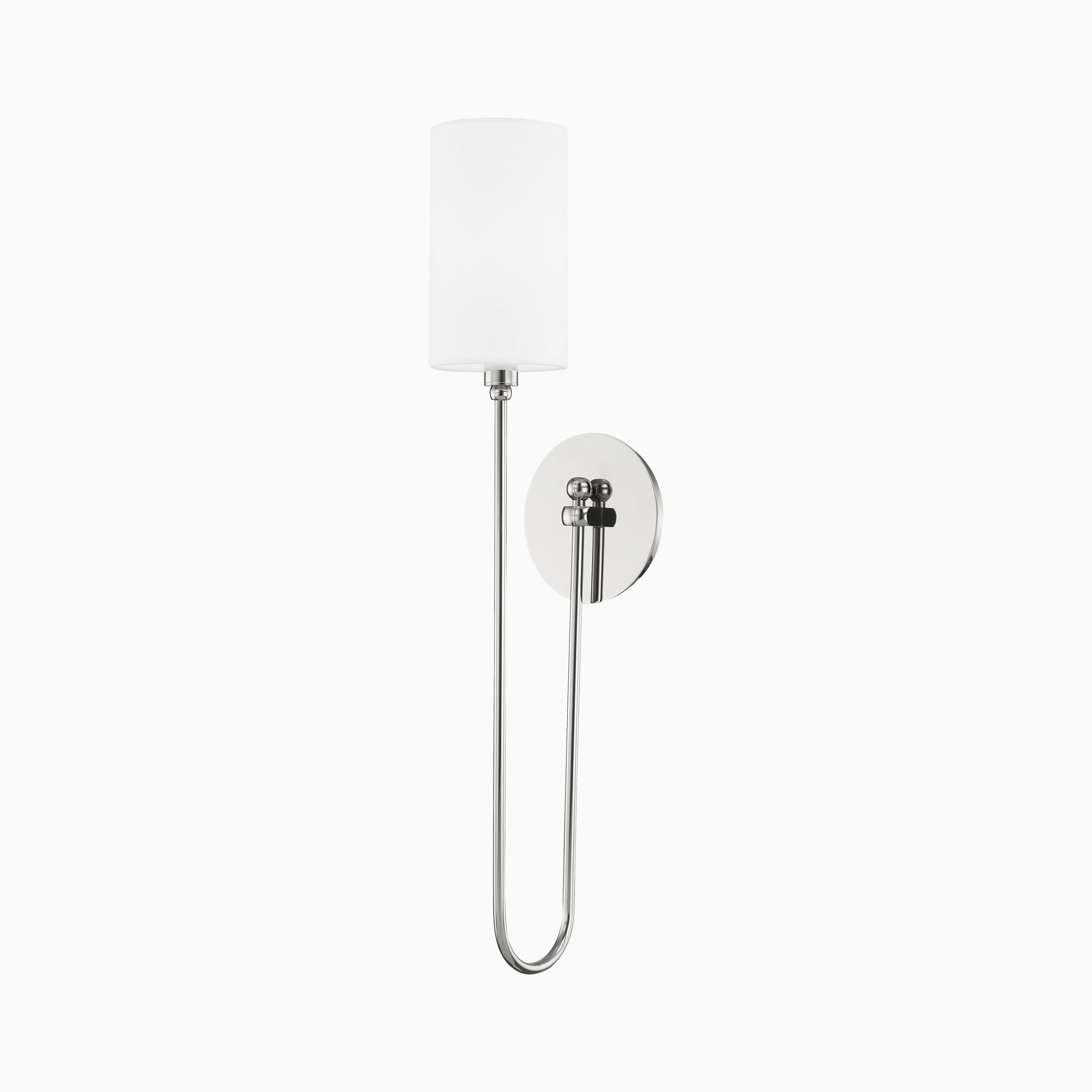 Foley wall sconce in polished nickel with a sleek U-shaped arm and crisp white shade, delivering modern elegance and soft illumination.
