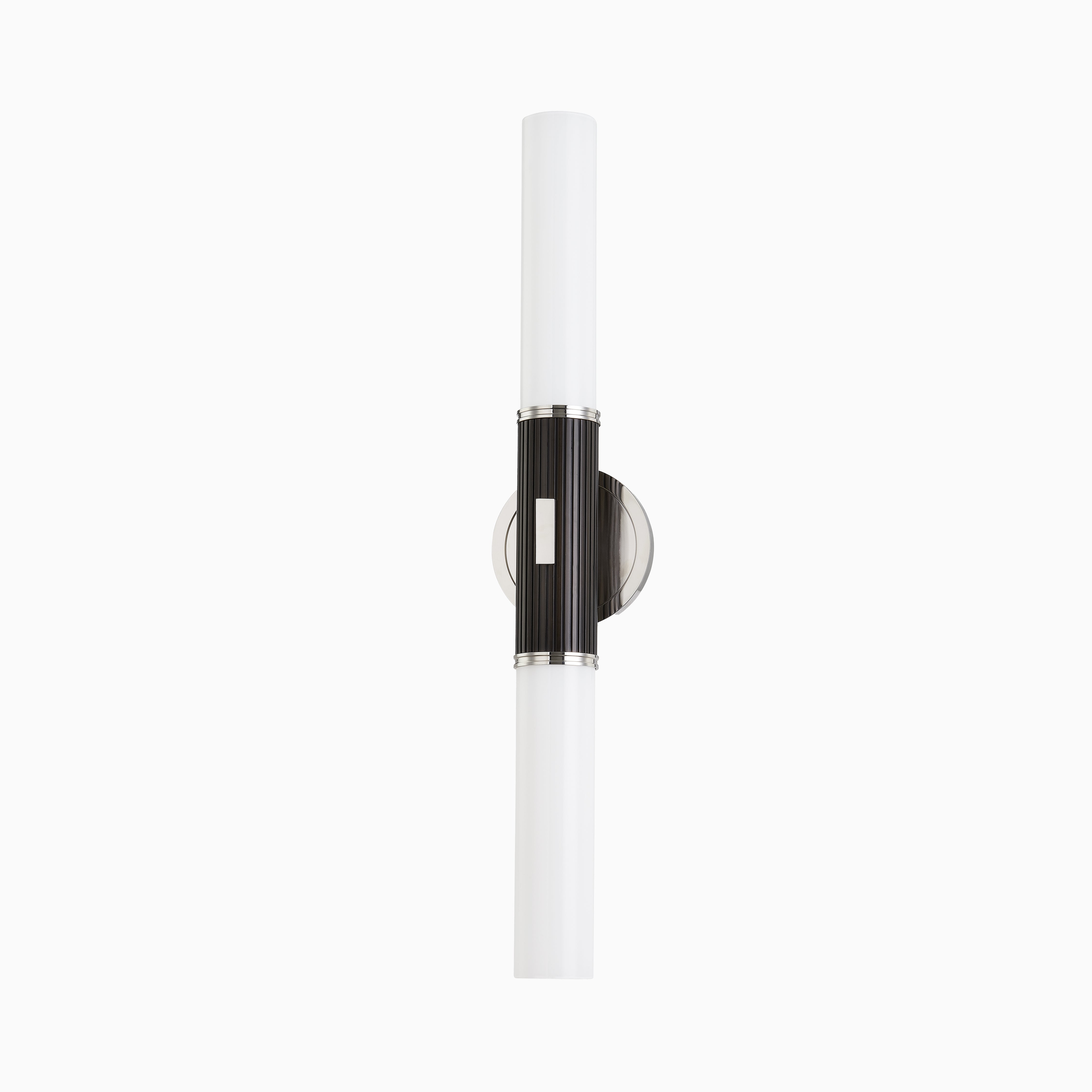 Gallagher wall sconce in polished nickel with a fluted black center and twin white glass tubes, showcasing refined Art Deco geometry.