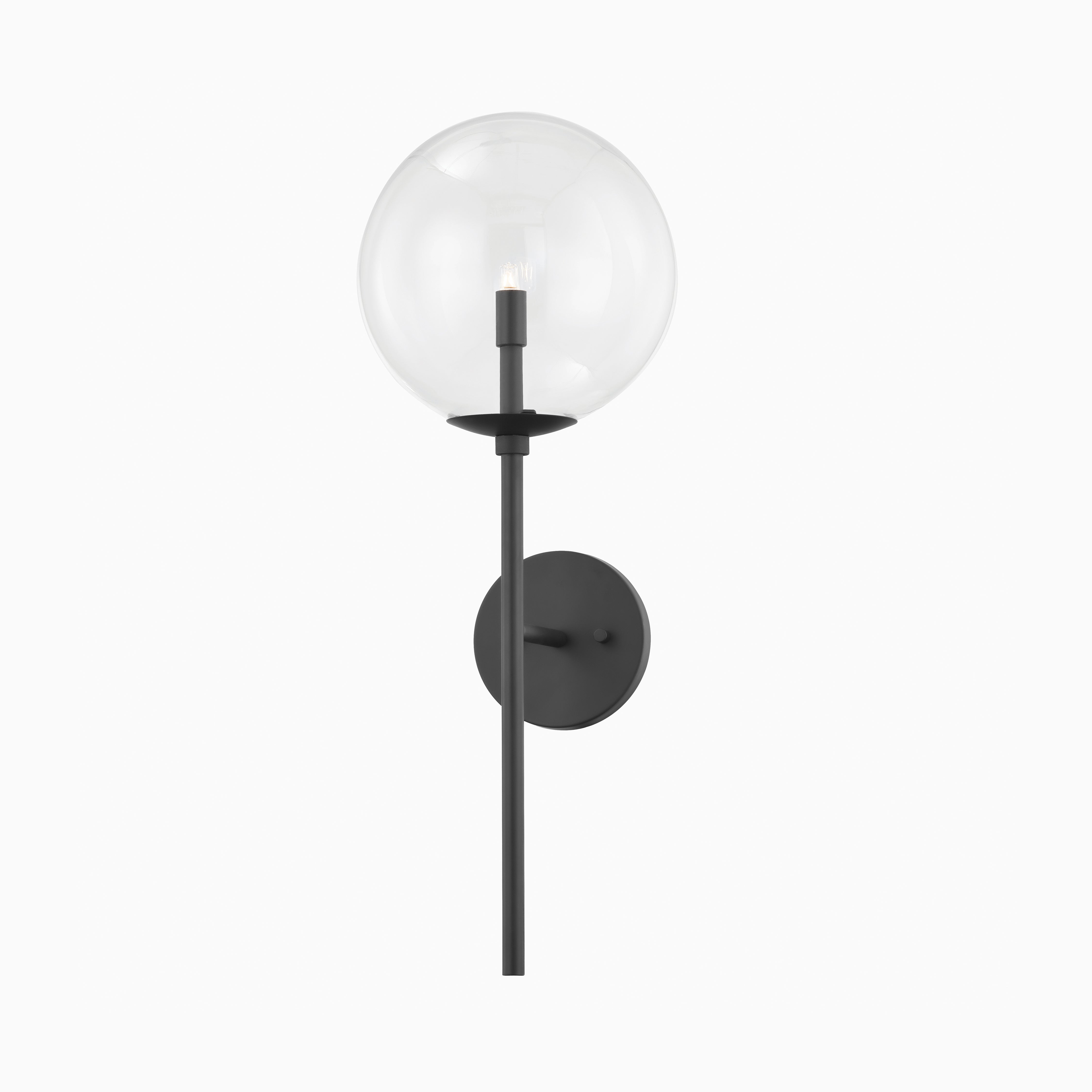 Garner wall sconce in soft black with a slender rod and clear globe shade, delivering modern elegance with a sculptural silhouette.