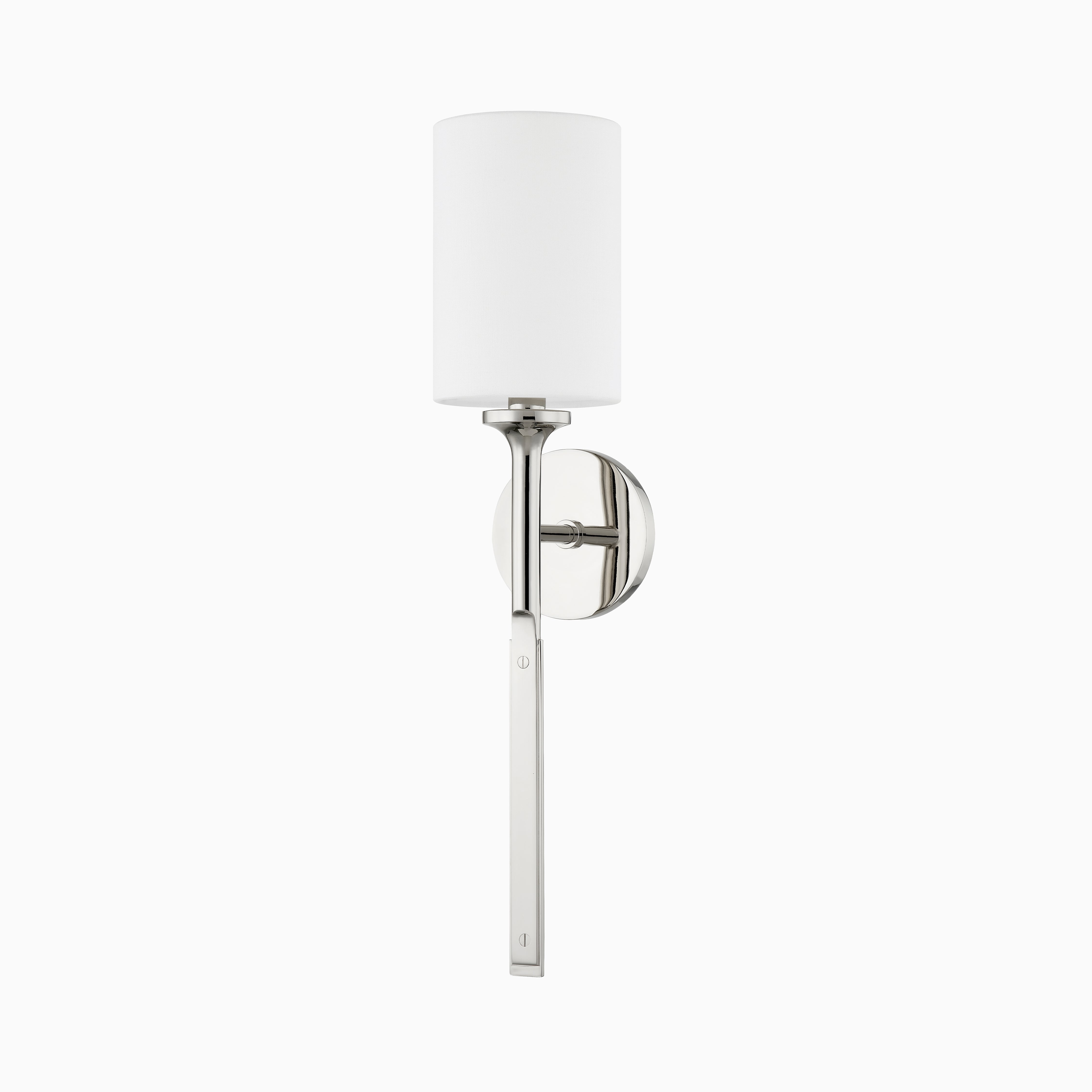 Geraldine wall sconce in polished nickel with a crisp white shade and refined linear arm, delivering classic sophistication with modern silvery shine.