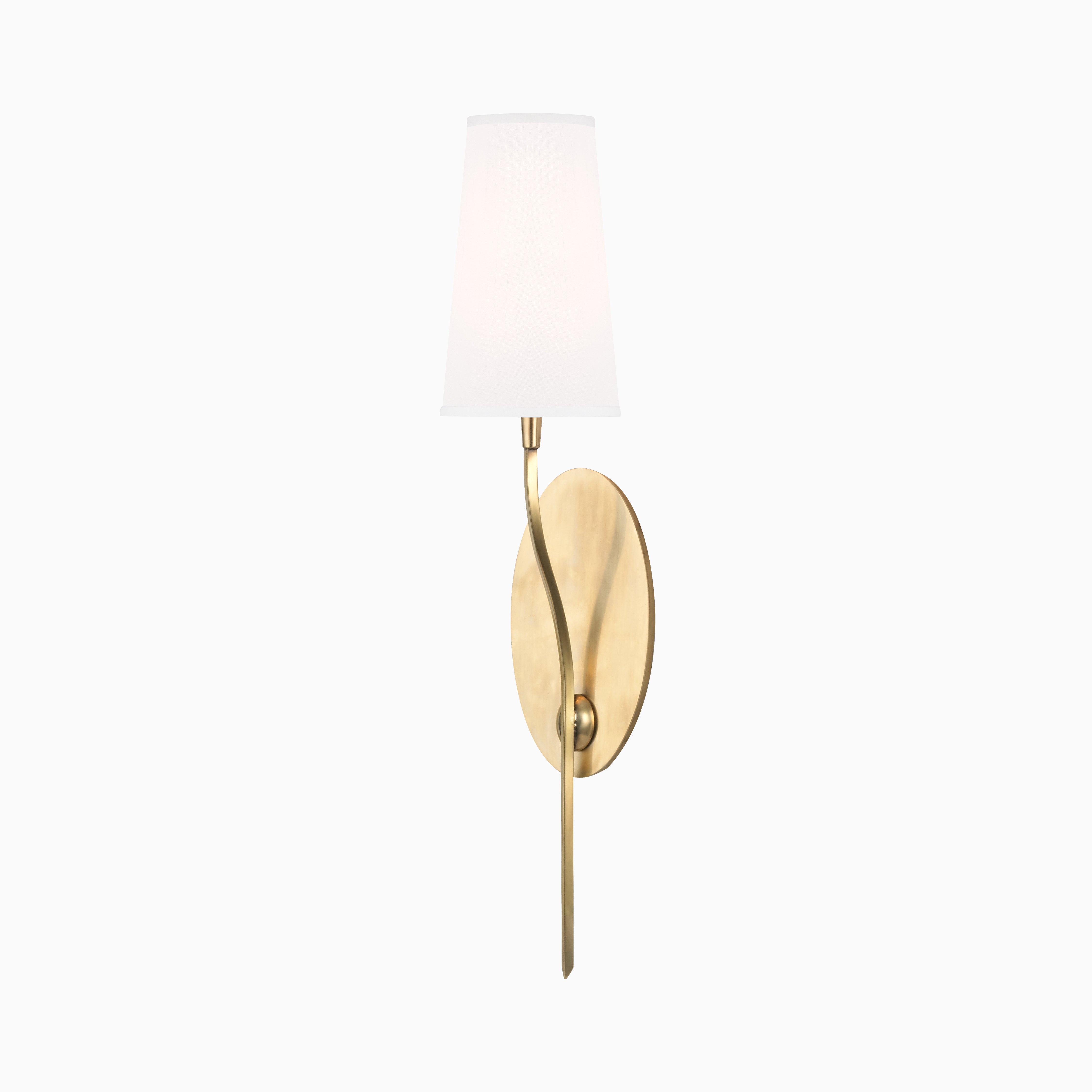 Wall sconce with aged brass sculptural frame, oval backplate, and tapered white faux silk shade for soft ambient lighting.