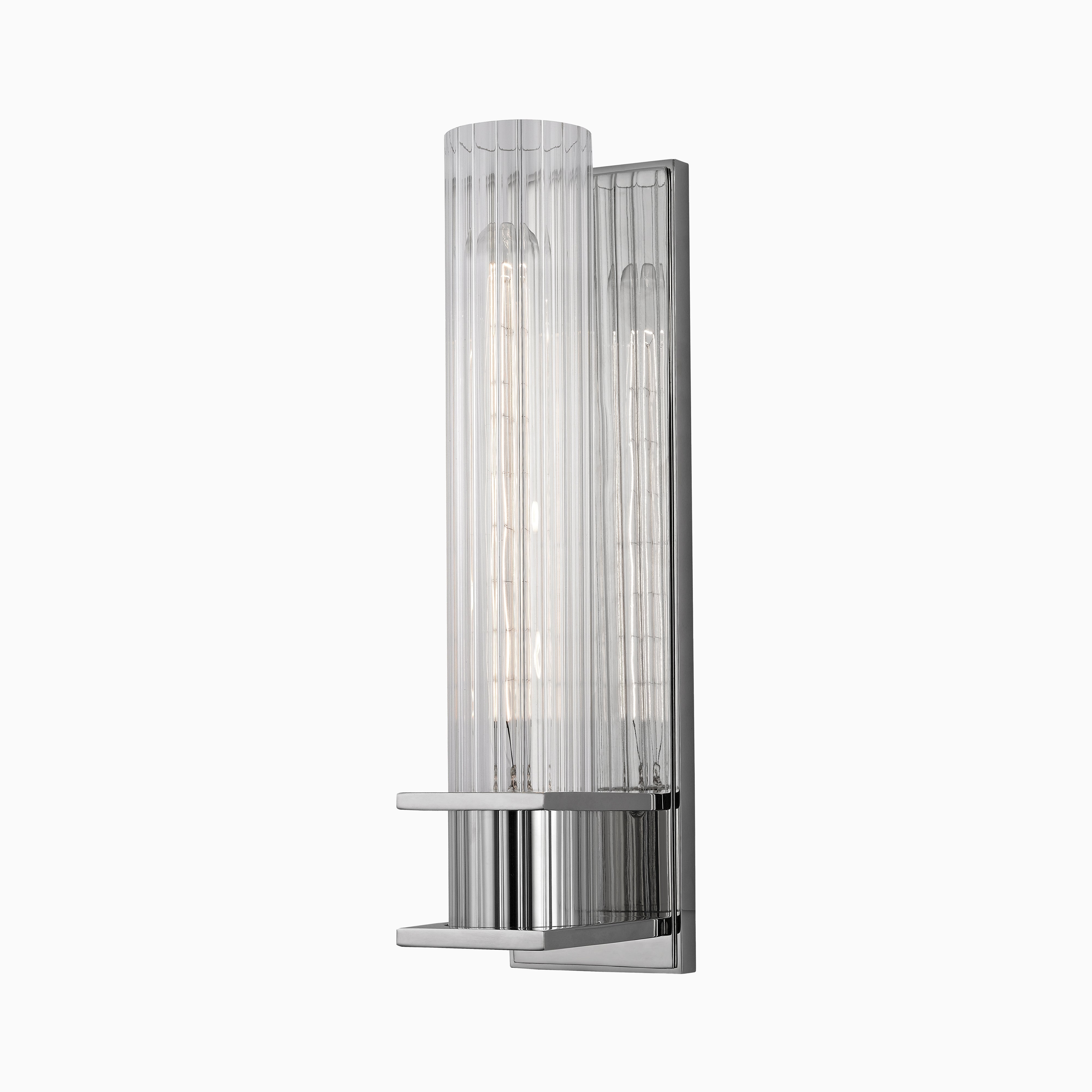 Wall sconce with vertically grooved glass diffuser and polished nickel bands on a sleek backplate, casting a textured, radiant glow.