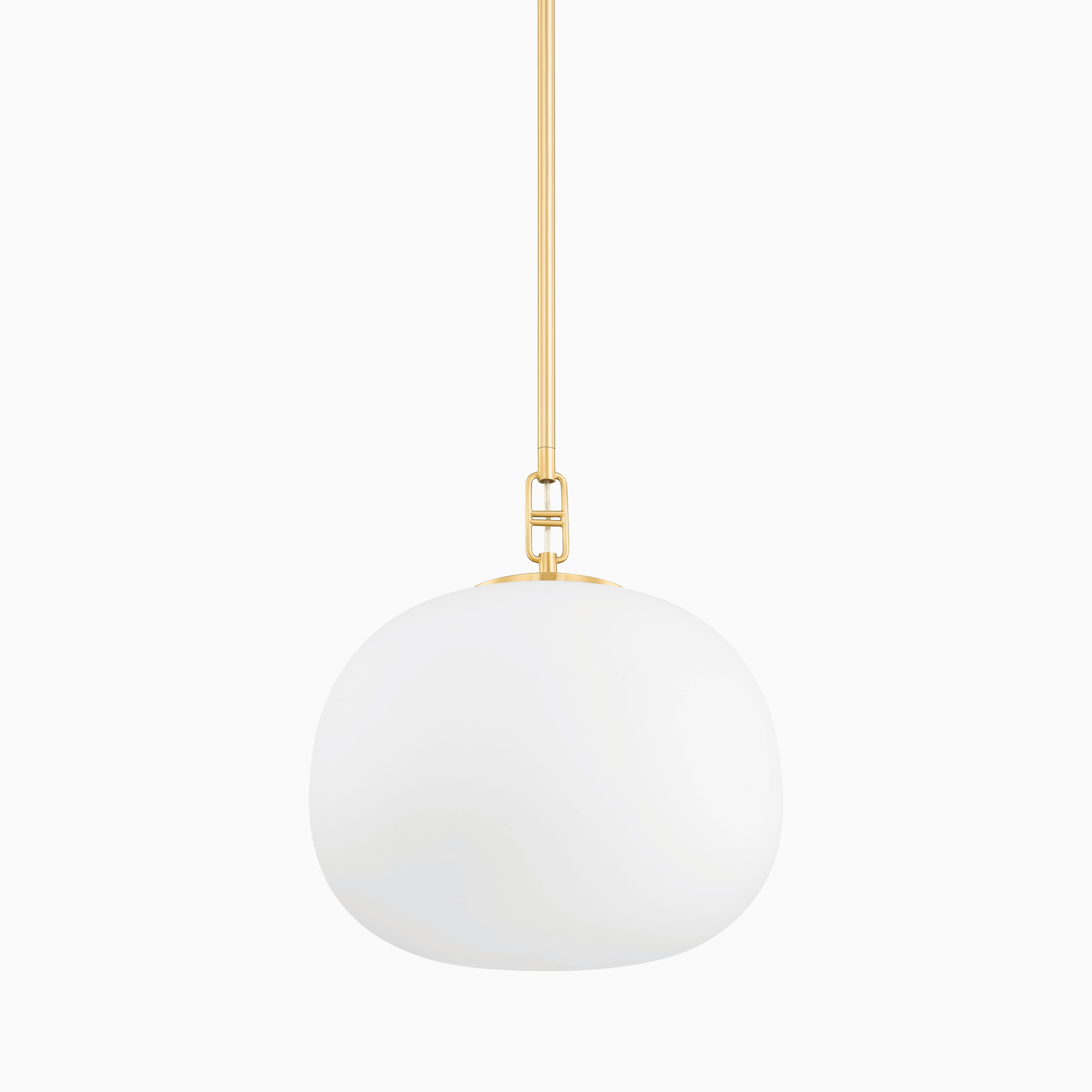 Our Kaley 16” Pendant in Aged Brass features a wide, frosted elliptical glass shade and slender brass stem, ideal for overhead lighting in open spaces.
