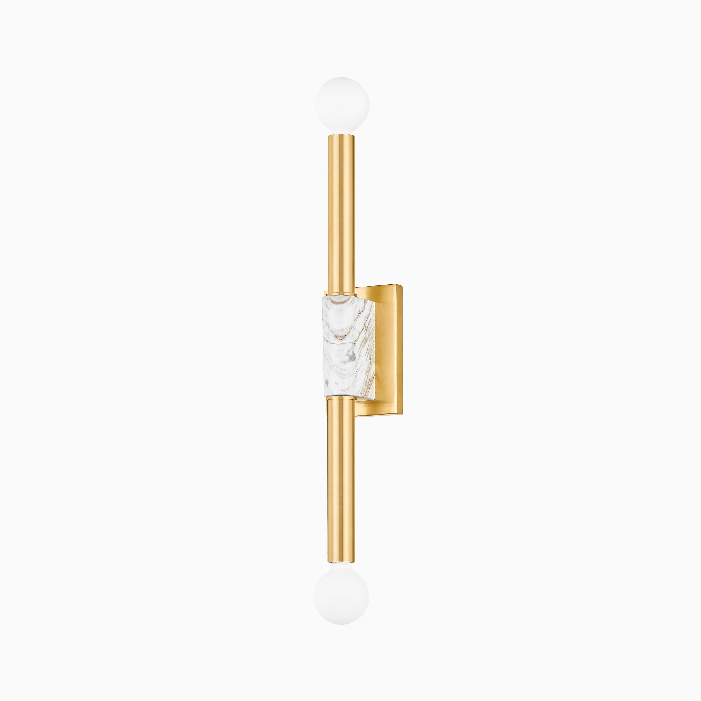 Larson Wall Sconce in Aged Brass features two frosted bulbs and a striking white marble slab wrapped in a brushed gold finish, perfect for luxe modern spaces.