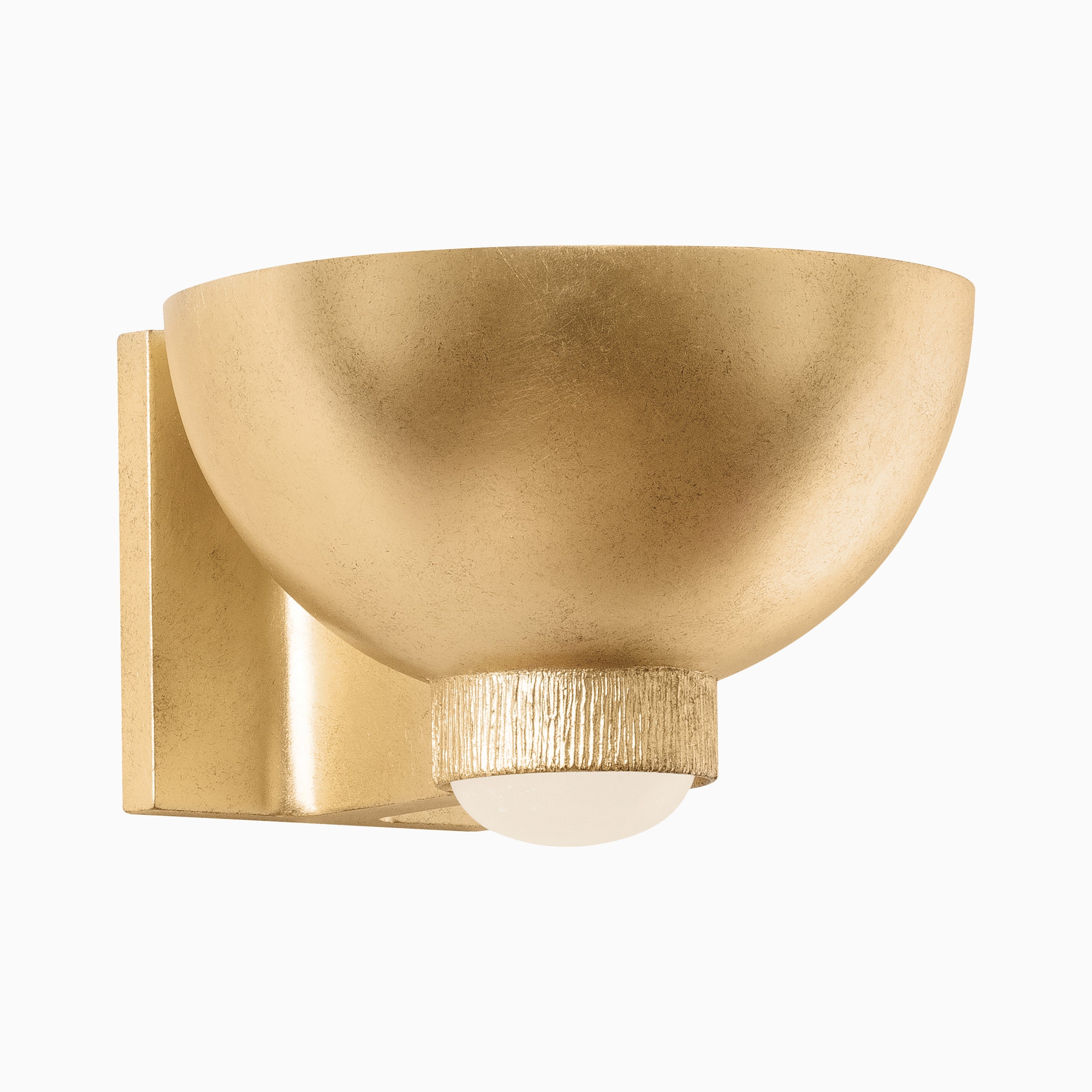 Perez wall sconce in vintage gold leaf finish with a bowl design and textured base supporting a small alabaster dome shade, casting a soft glow with sculptural flair.