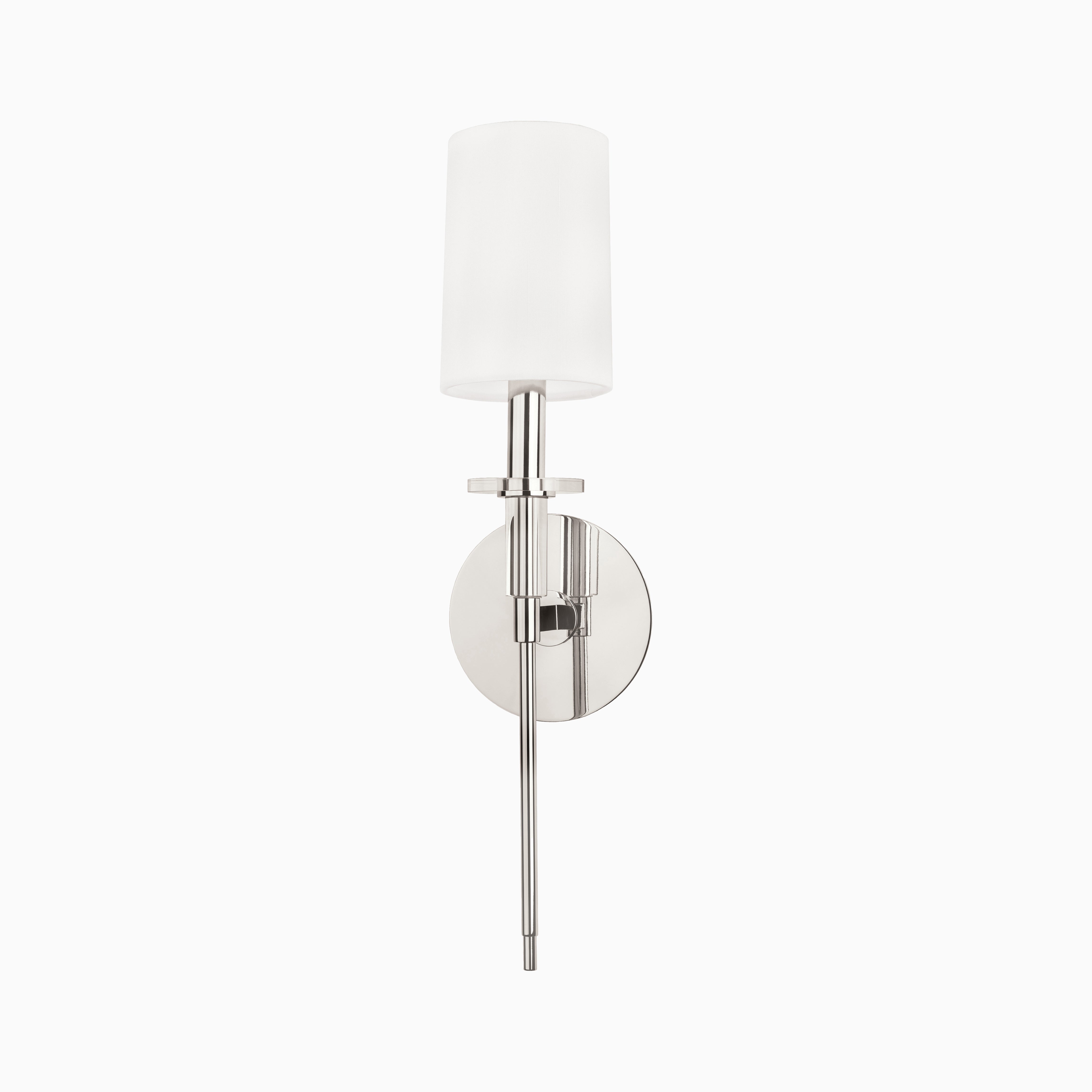 Elegant wall sconce in polished nickel with white cylindrical fabric shade and sleek silvery tapered stem for timeless modern appeal.