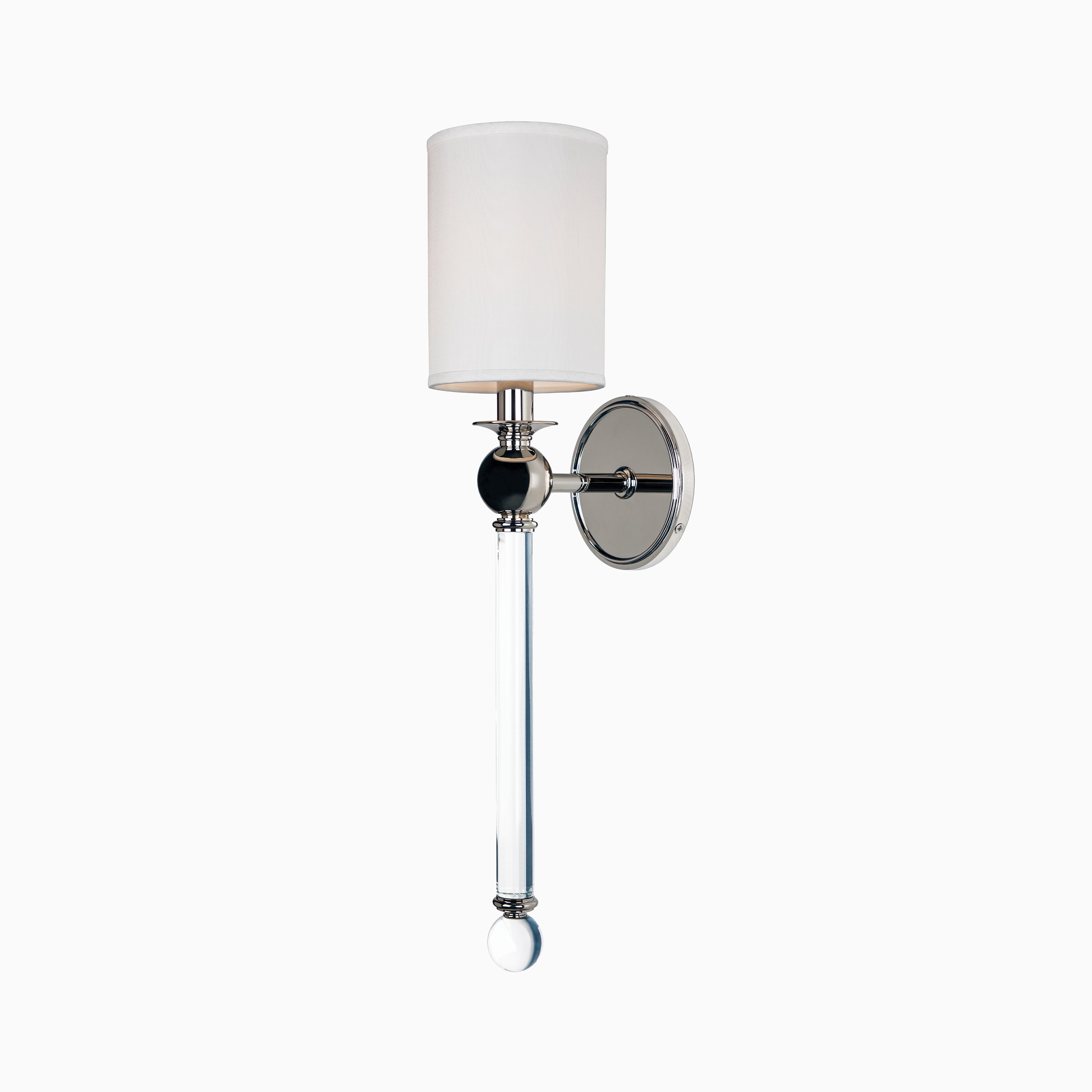 Polished nickel wall sconce with a cylindrical linen shade, glass stem, and crystal orb accent exudes timeless sophistication.
