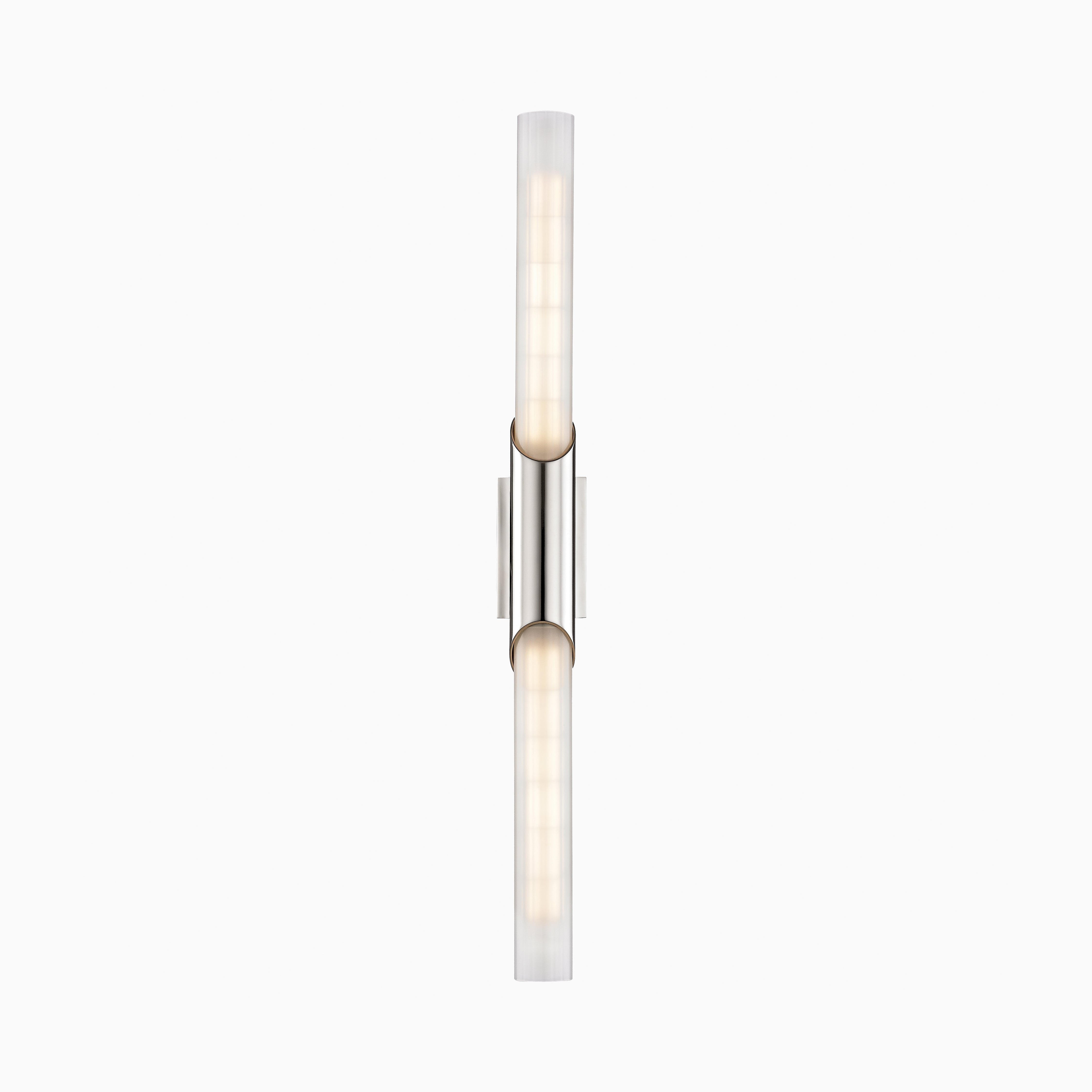 26 inches wall sconce with polished nickel curved mount and twin frosted glass tube shades, offering sleek vertical form and ambient lighting.