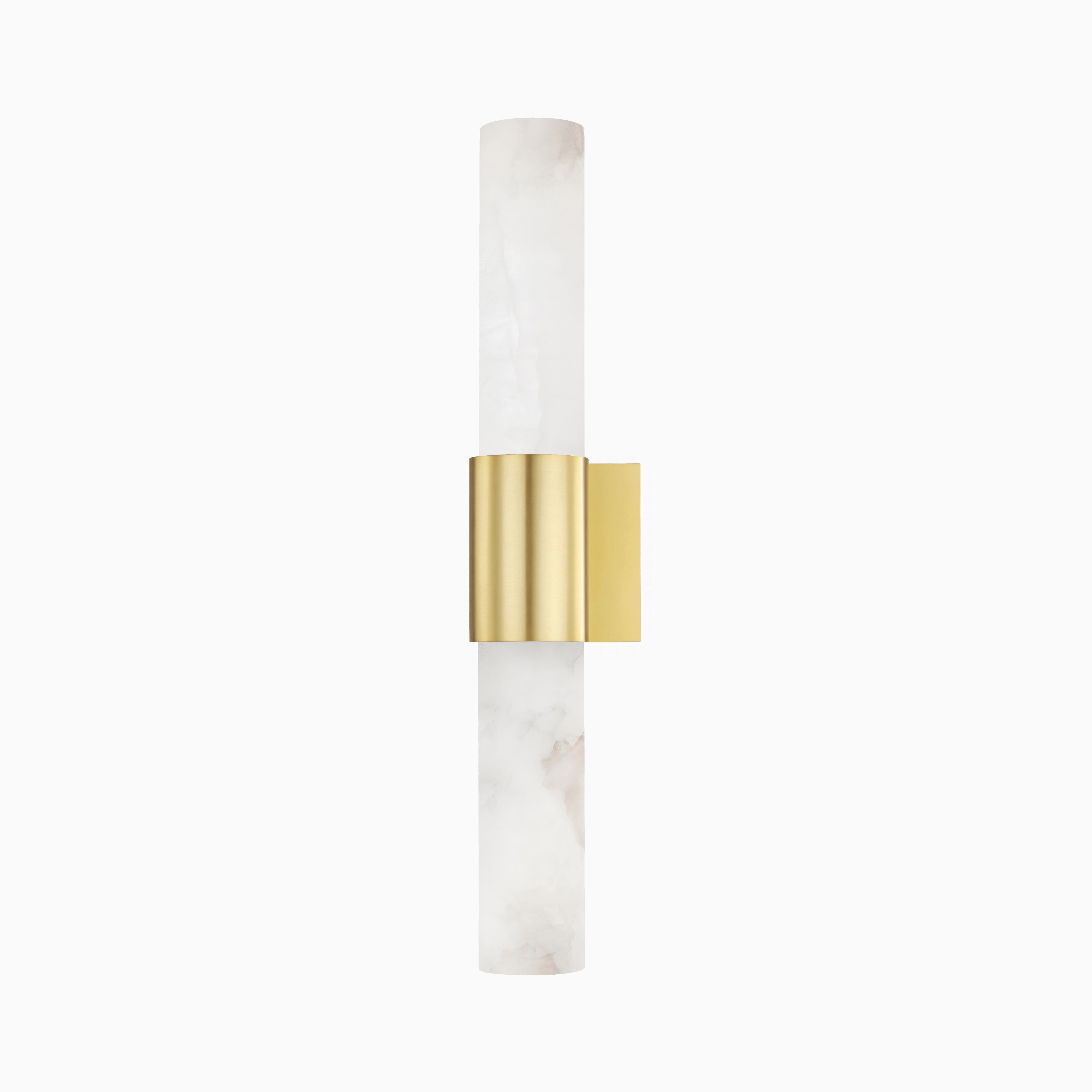 Wall sconce with vertical alabaster column and aged brass cuff, showcasing organic veining and refined sculptural simplicity.