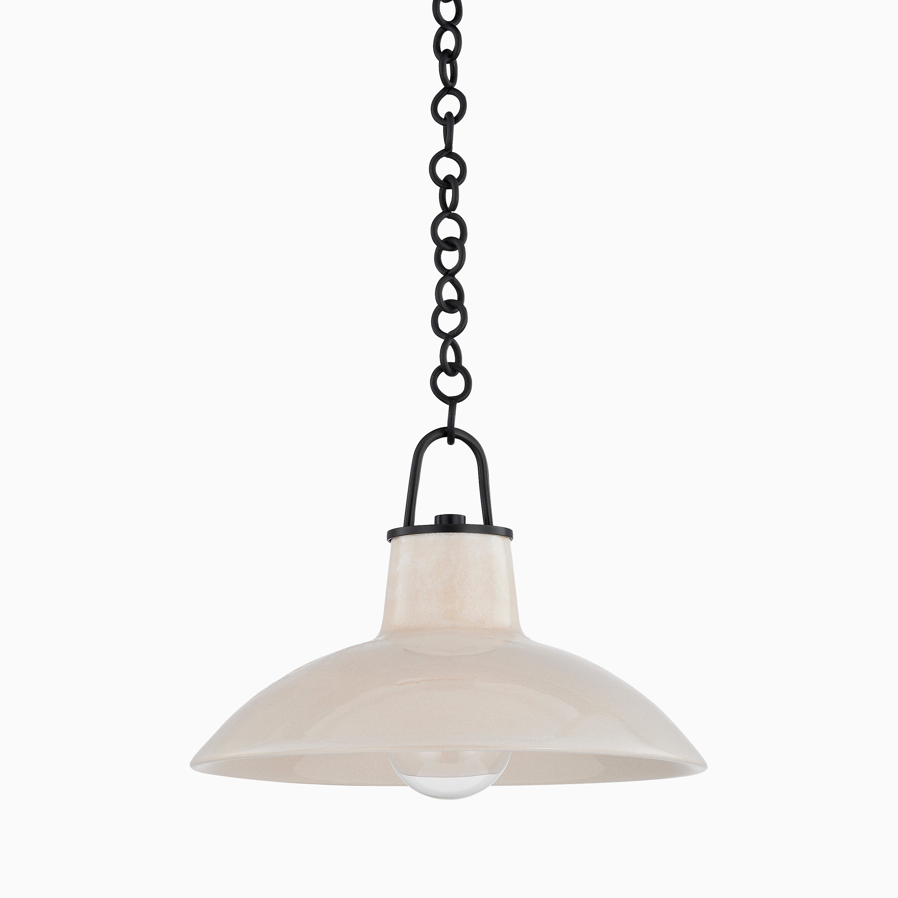 Pendant with ivory crackle ceramic shade and black chain suspension, blending vintage industrial form with artisanal glaze detail.