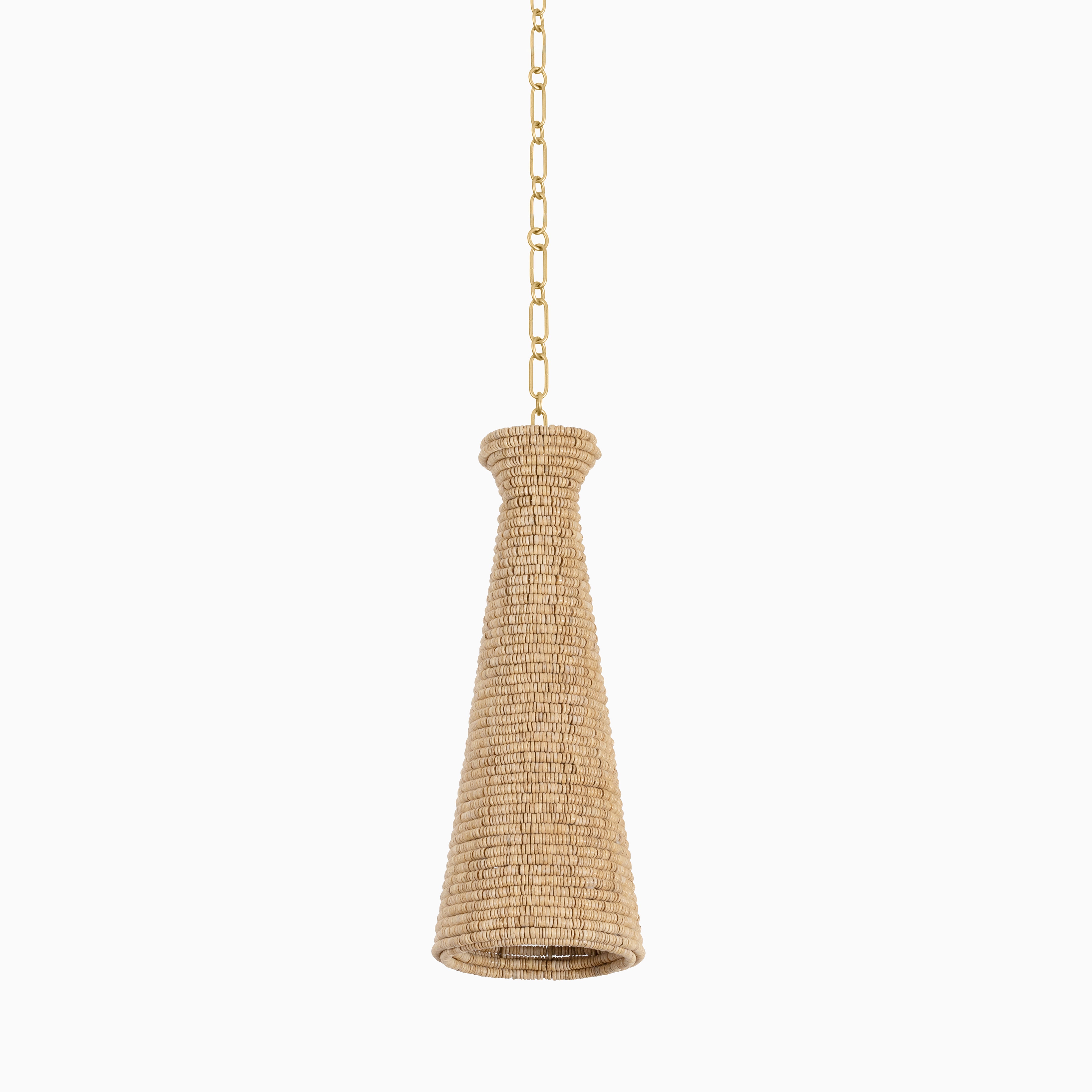 Pendant with handwoven wood beads in a tapered silhouette and vintage gold leaf chain, uniting organic texture and warm metallic shine.