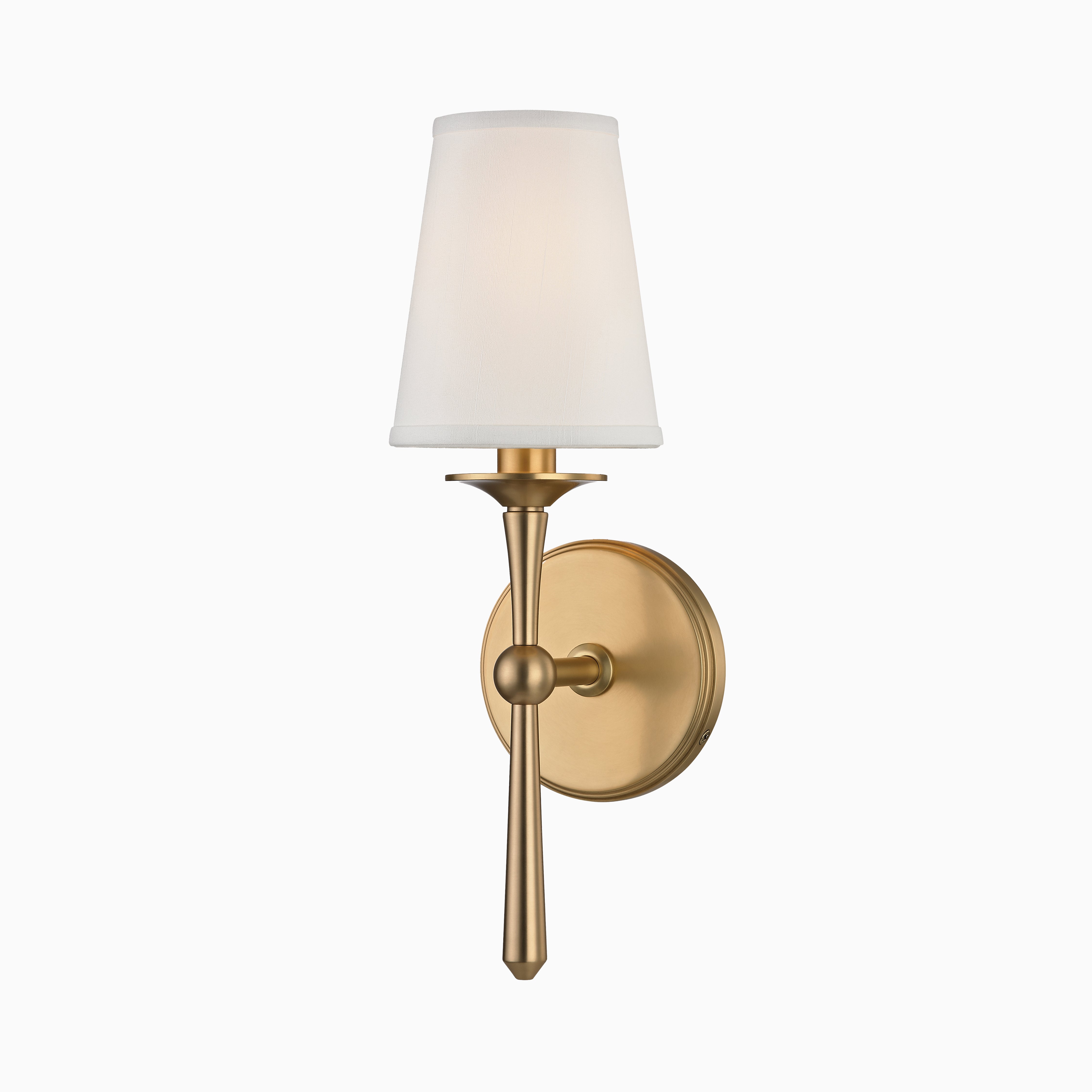 Aged brass wall sconce with a tapered white shade and elegant stem, offering a classic yet contemporary accent