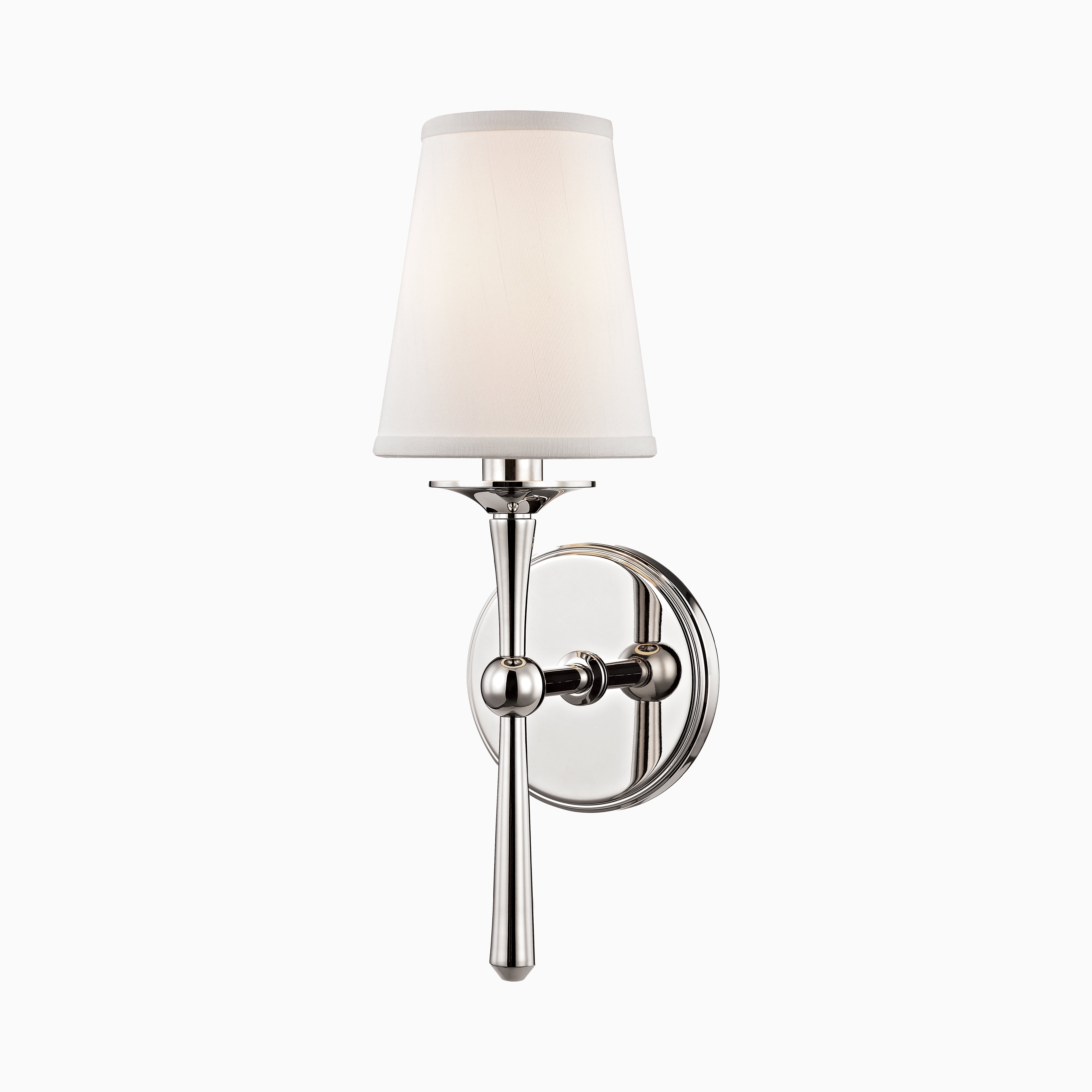 Polished nickel wall sconce with tapered white fabric shade and slender stem, blending classic elegance with modern finesse