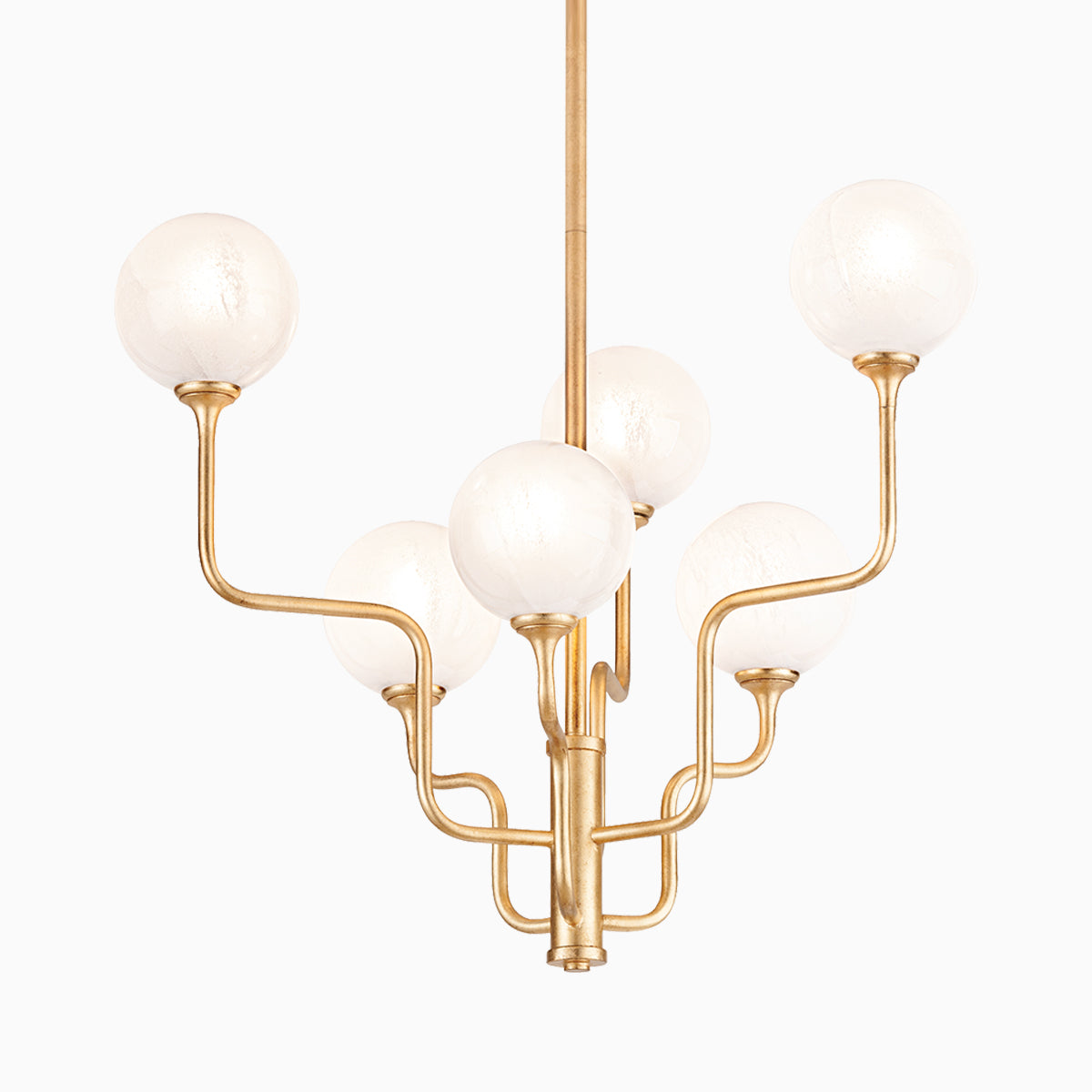 Chandelier with branching gold arms and glowing opal cloud glass globes, offering sculptural elegance and ambient light.