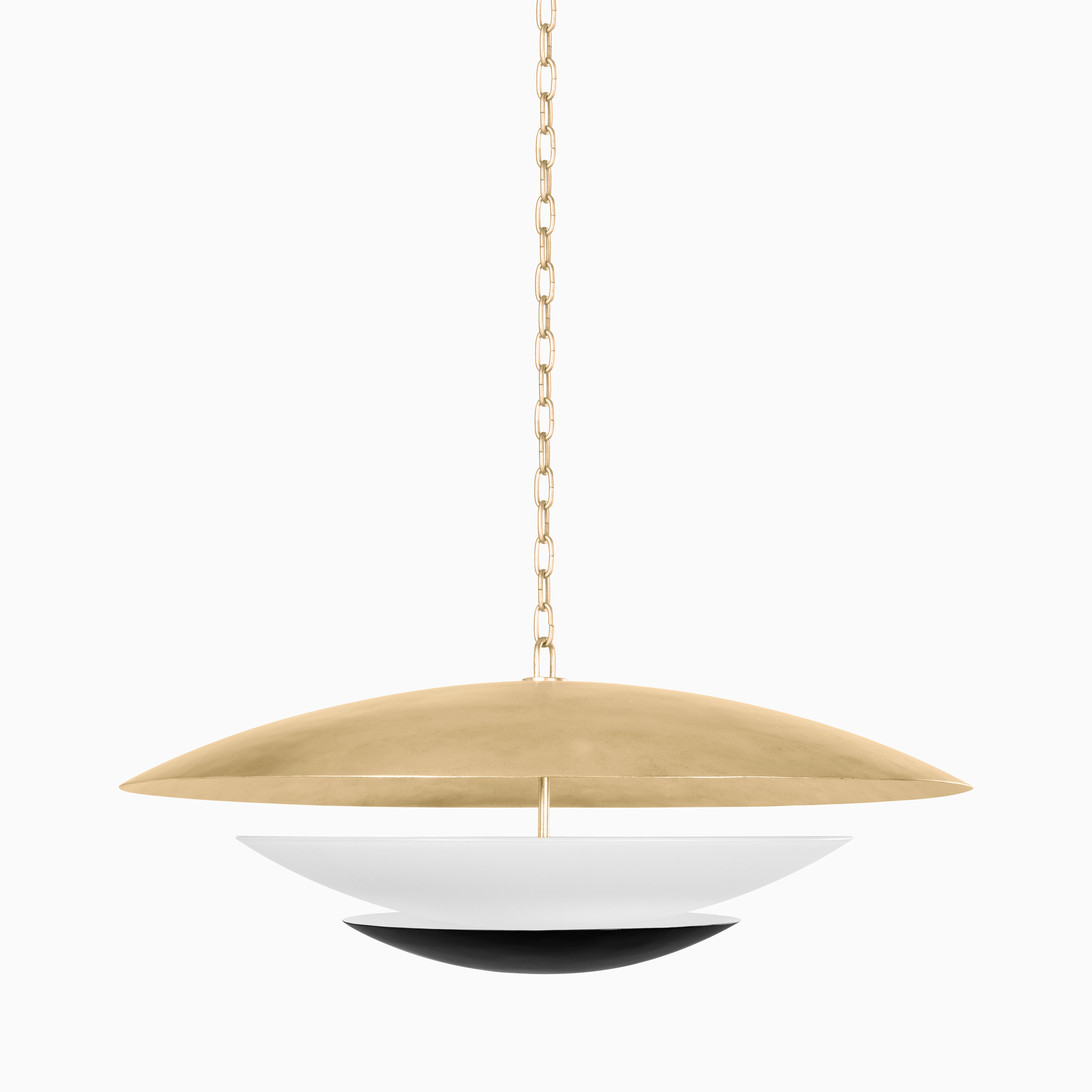 Pendant light with a vintage gold leaf top shade, white middle bowl, and soft black base, suspended by a matching gold chain.