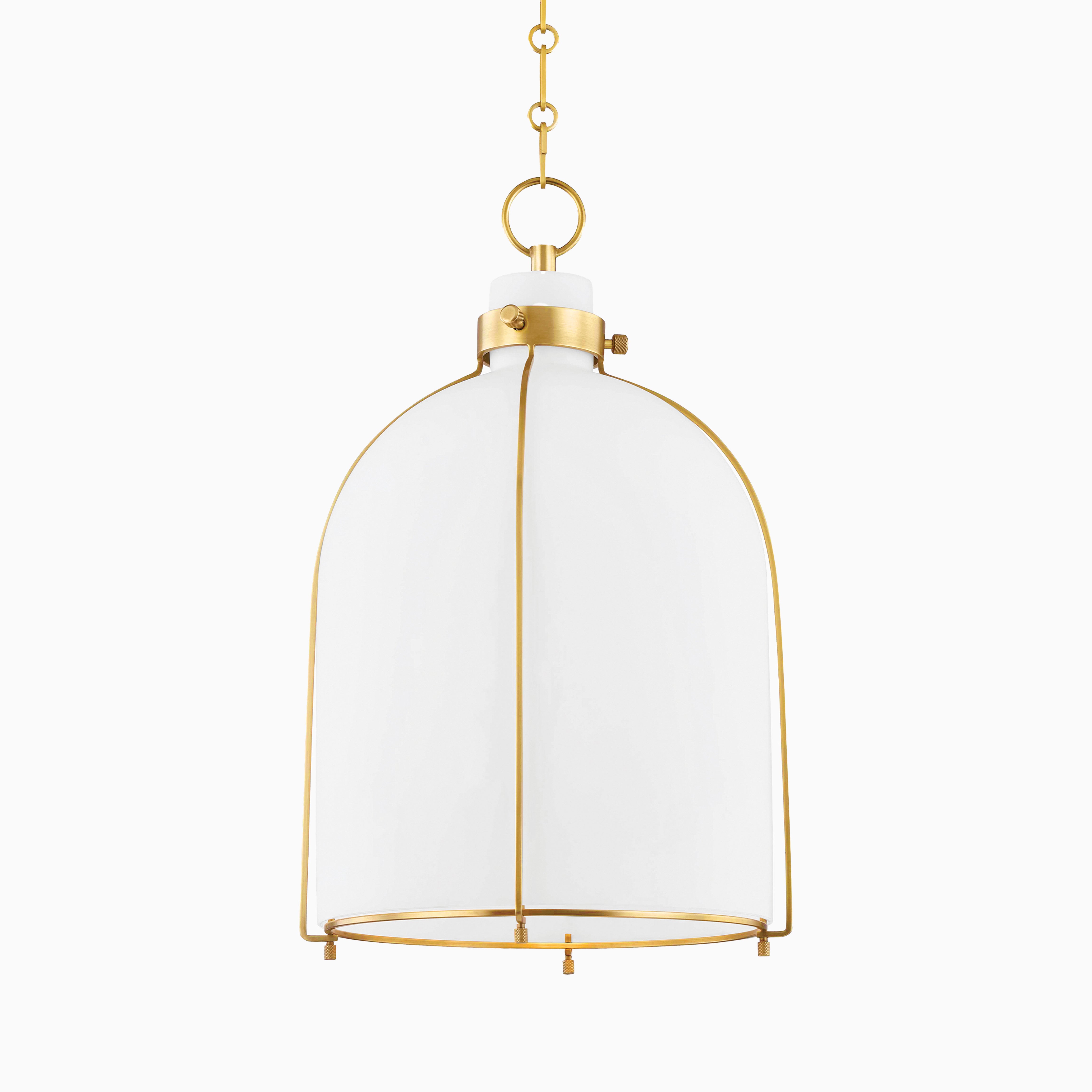 Elegant bell-shaped pendant light with semi-opaque glass and aged brass frame, offering a timeless touch of refined simplicity.