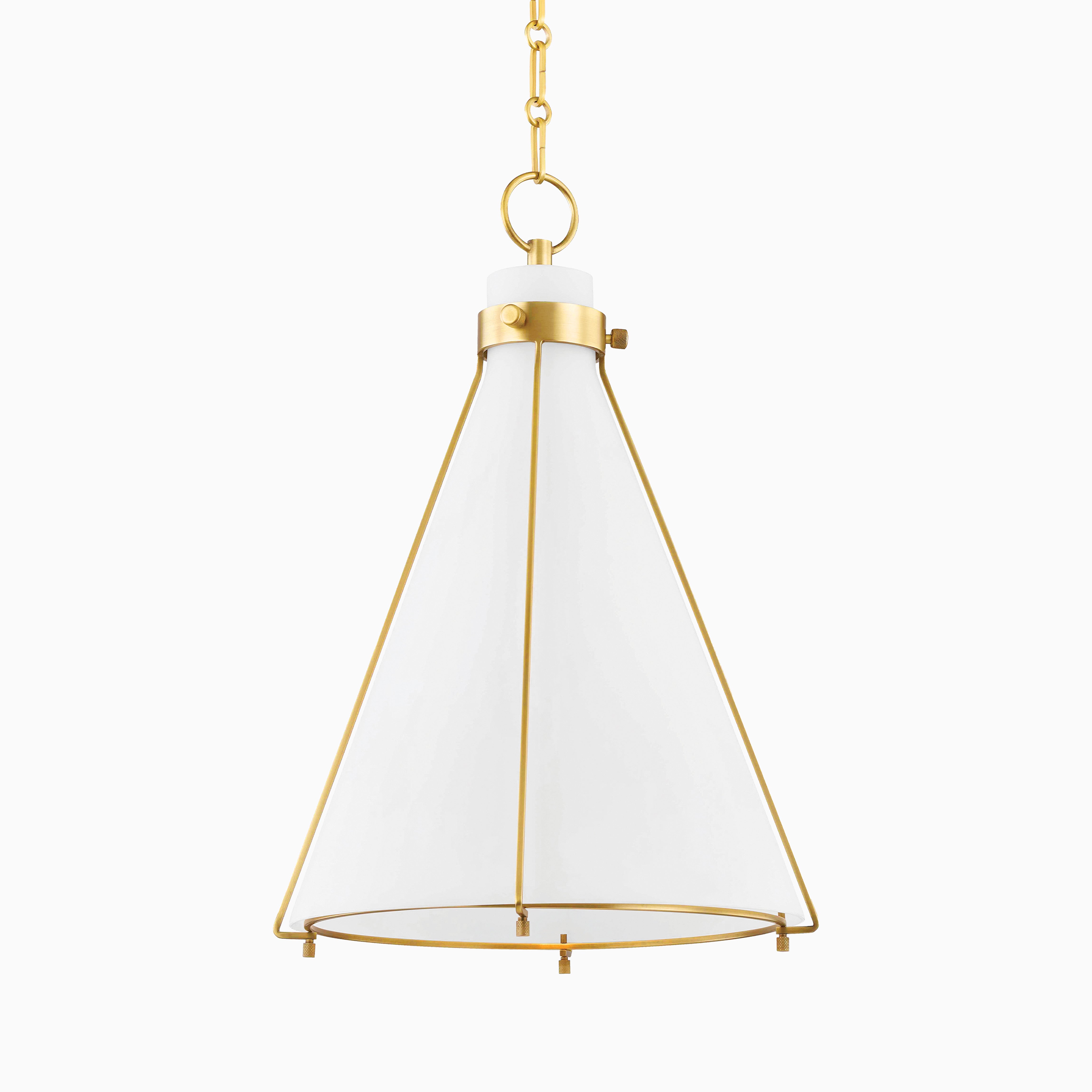 Cone-shaped pendant light in a gold frame with white glass panels, blending sleek geometry and warm sophistication.