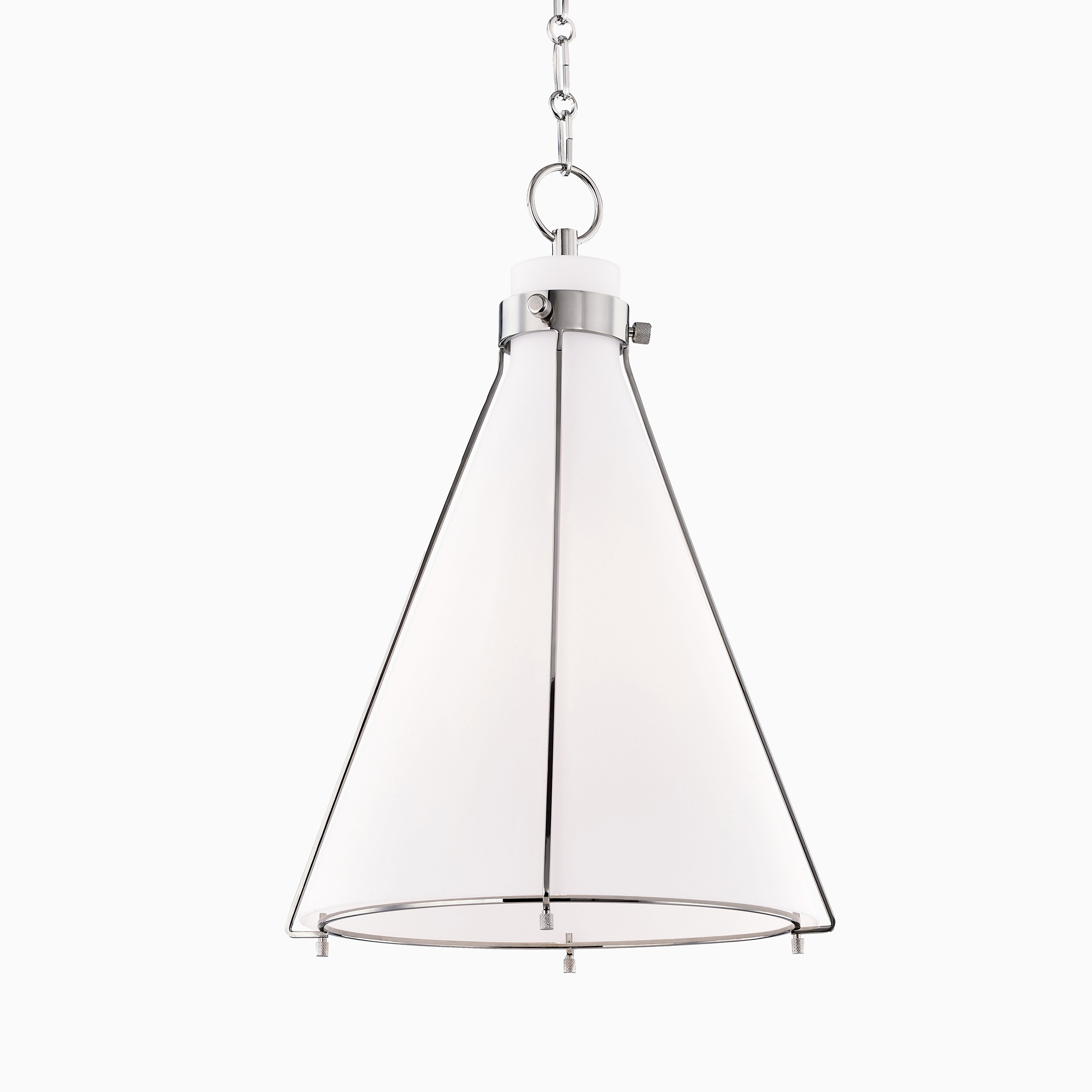 Elegant frosted glass pendant light with silver frame in a sleek conical silhouette for modern sophistication.