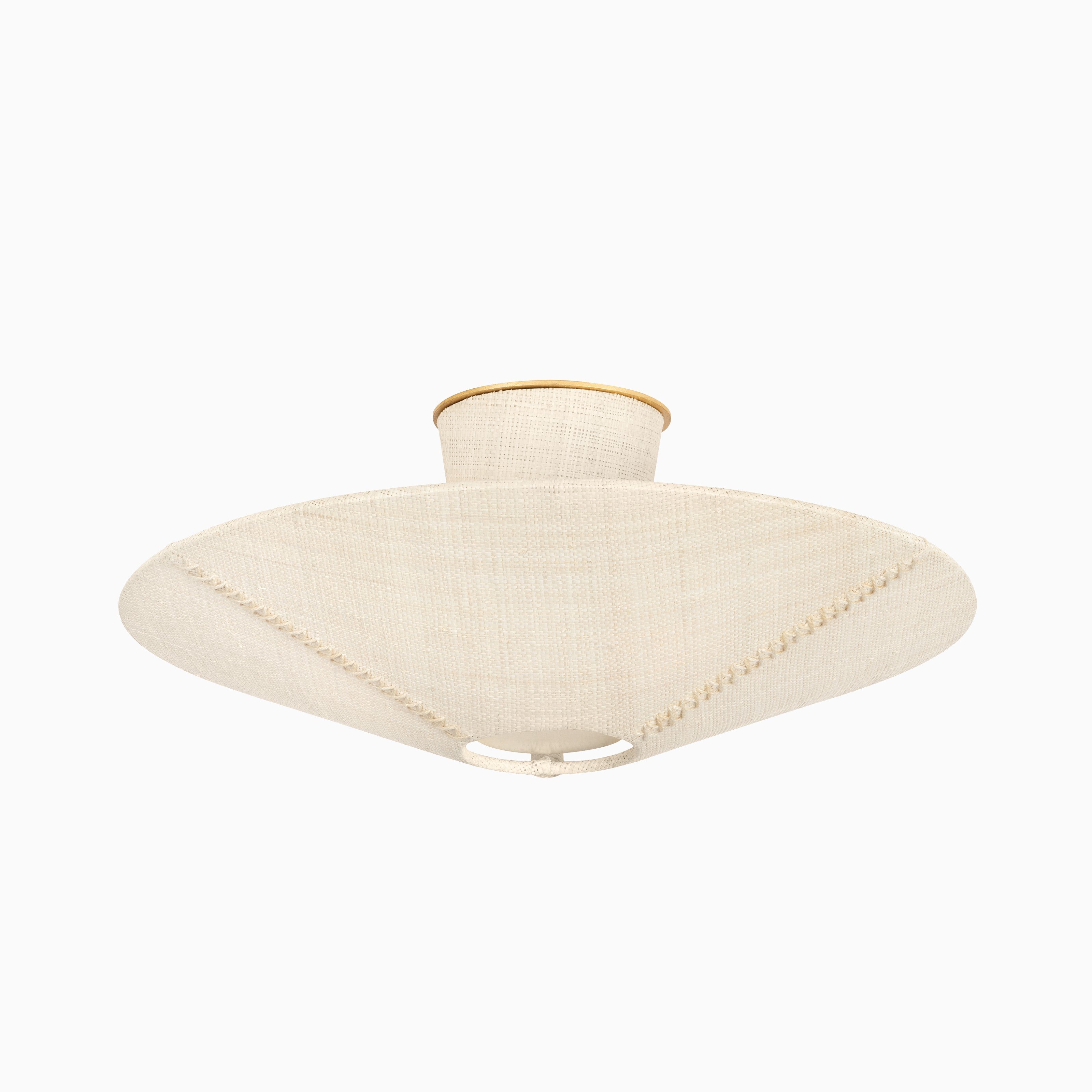 Organic woven semi-flush ceiling light with gold accents and a sculptural, stitched-edge canopy made of natural fabric.