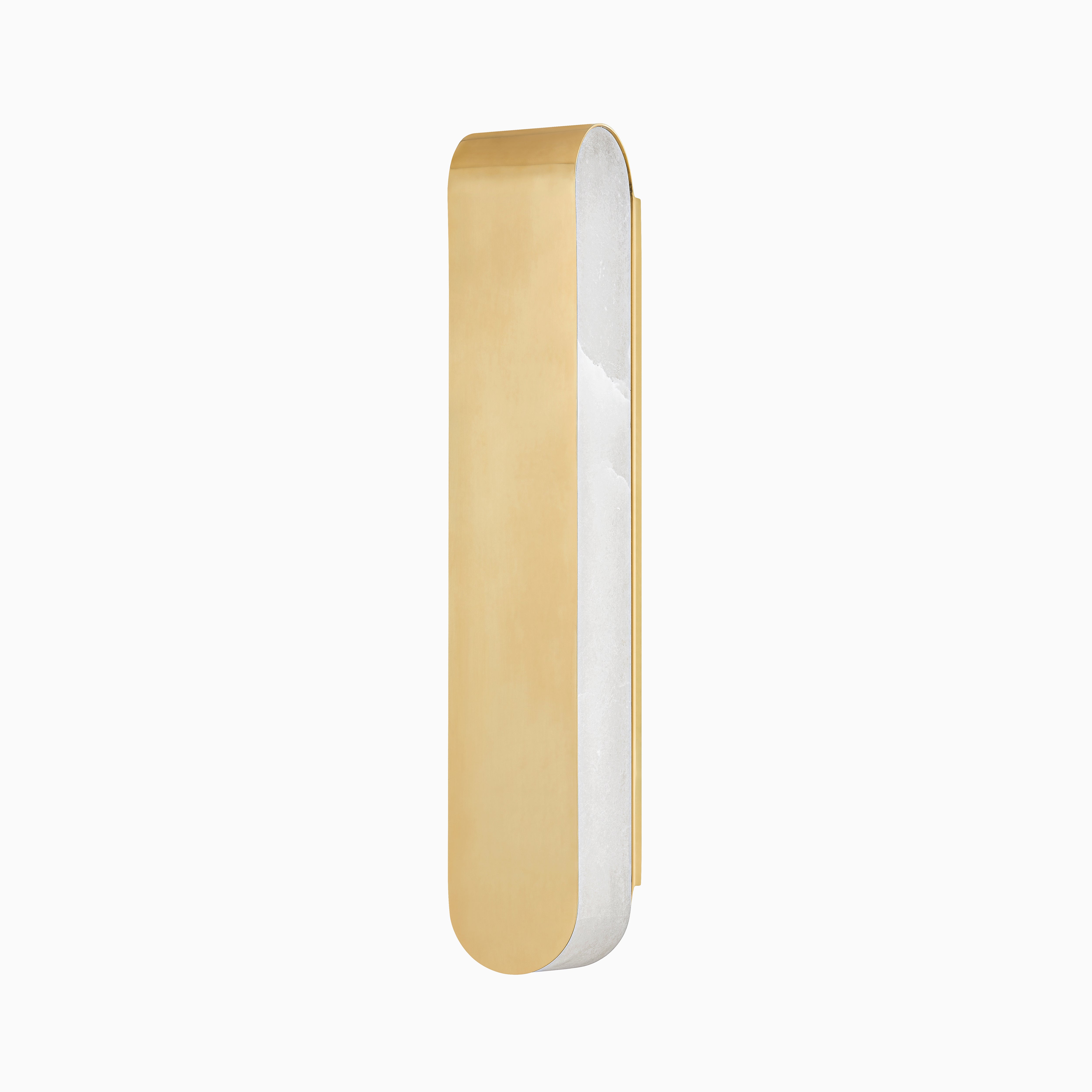 Modern wall sconce in aged brass with a sleek, elongated oval design and brushed metal edge, mounted vertically on a white background.