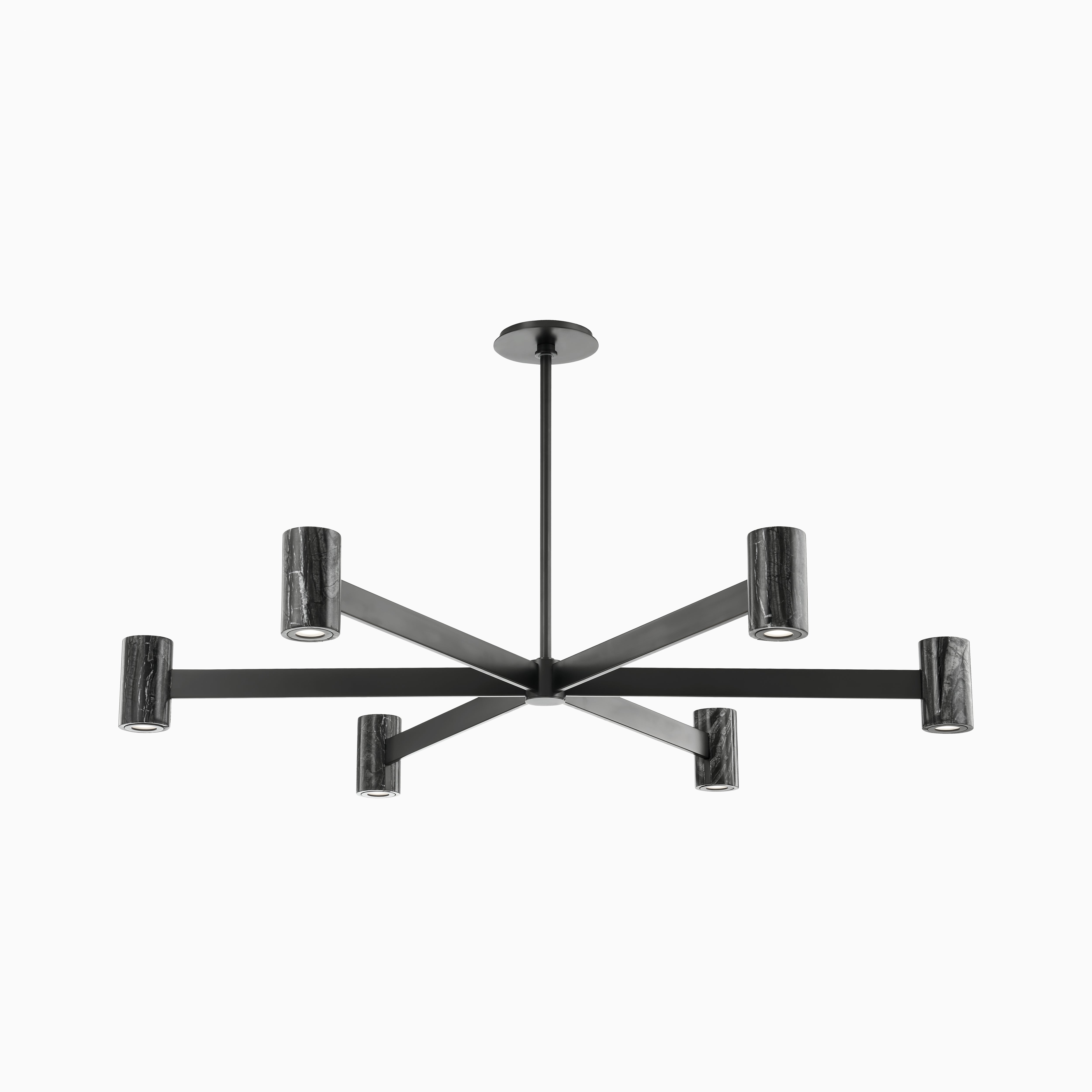 Black chandelier with six marble cylindrical shades, sleek metal frame, and modern minimalist style for contemporary interiors.