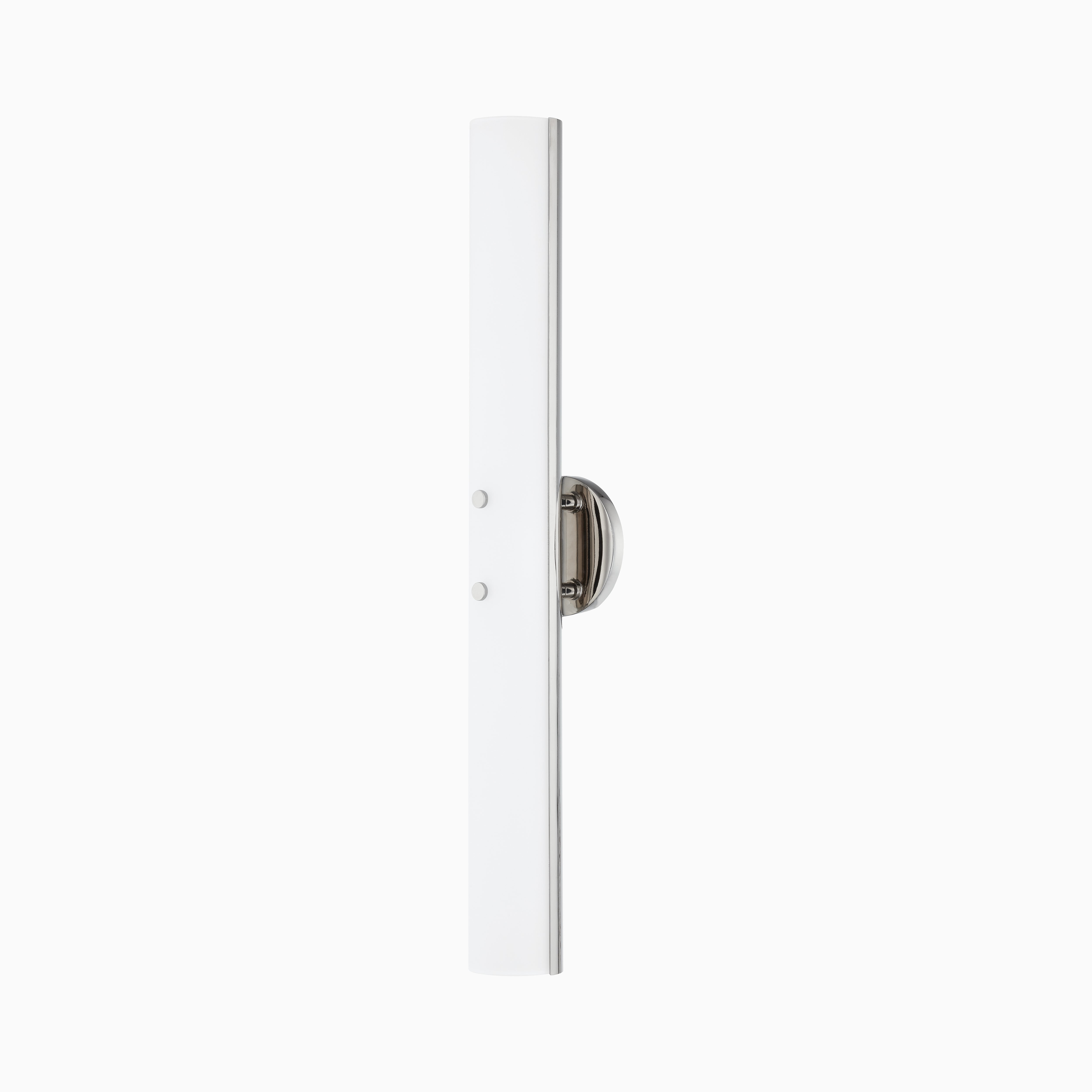 Polished nickel wall sconce with slim vertical design, frosted white diffuser, and rounded backplate for a sleek modern look.