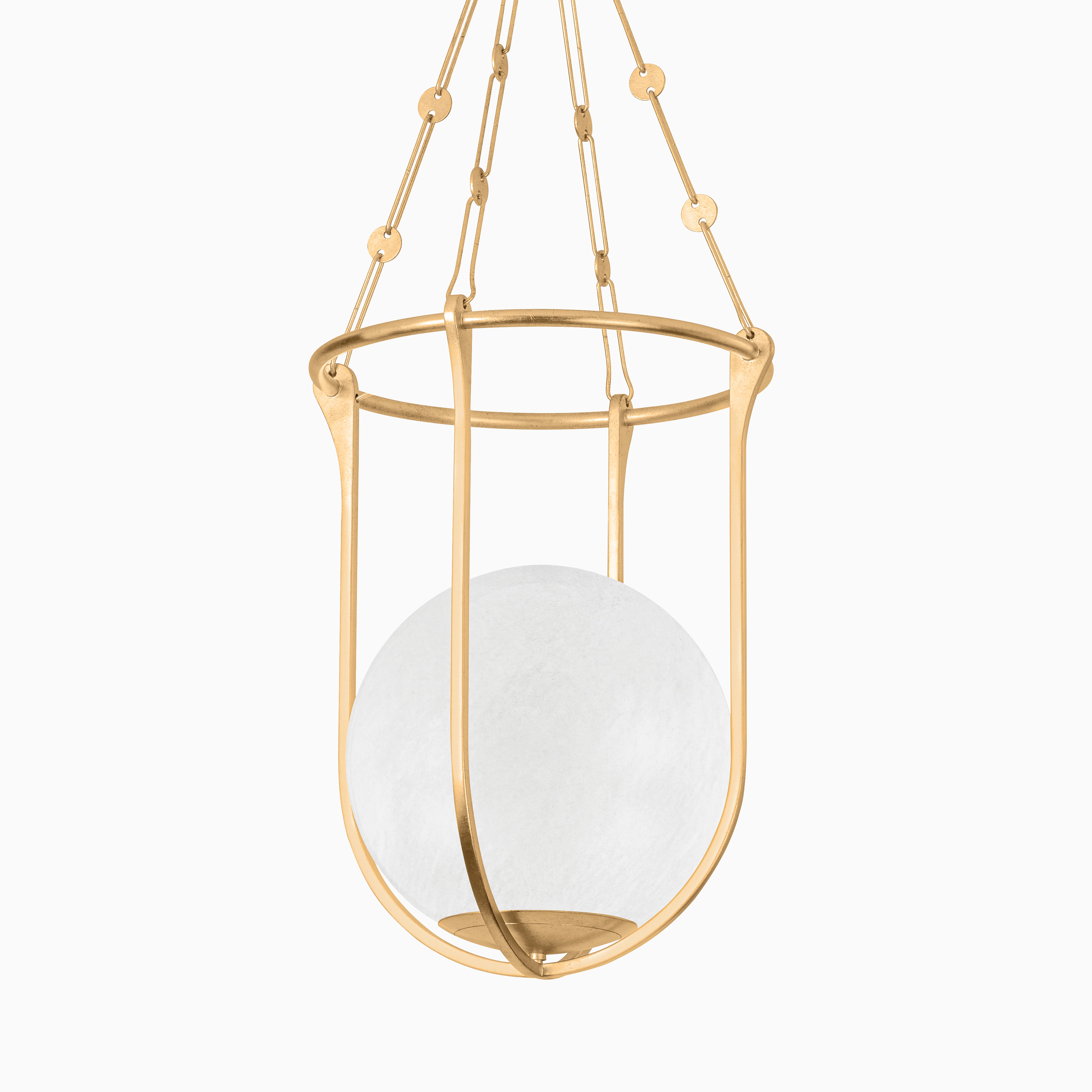 Sculptural pendant light with a frosted glass globe encased in a sleek, gold-finished metal frame.
