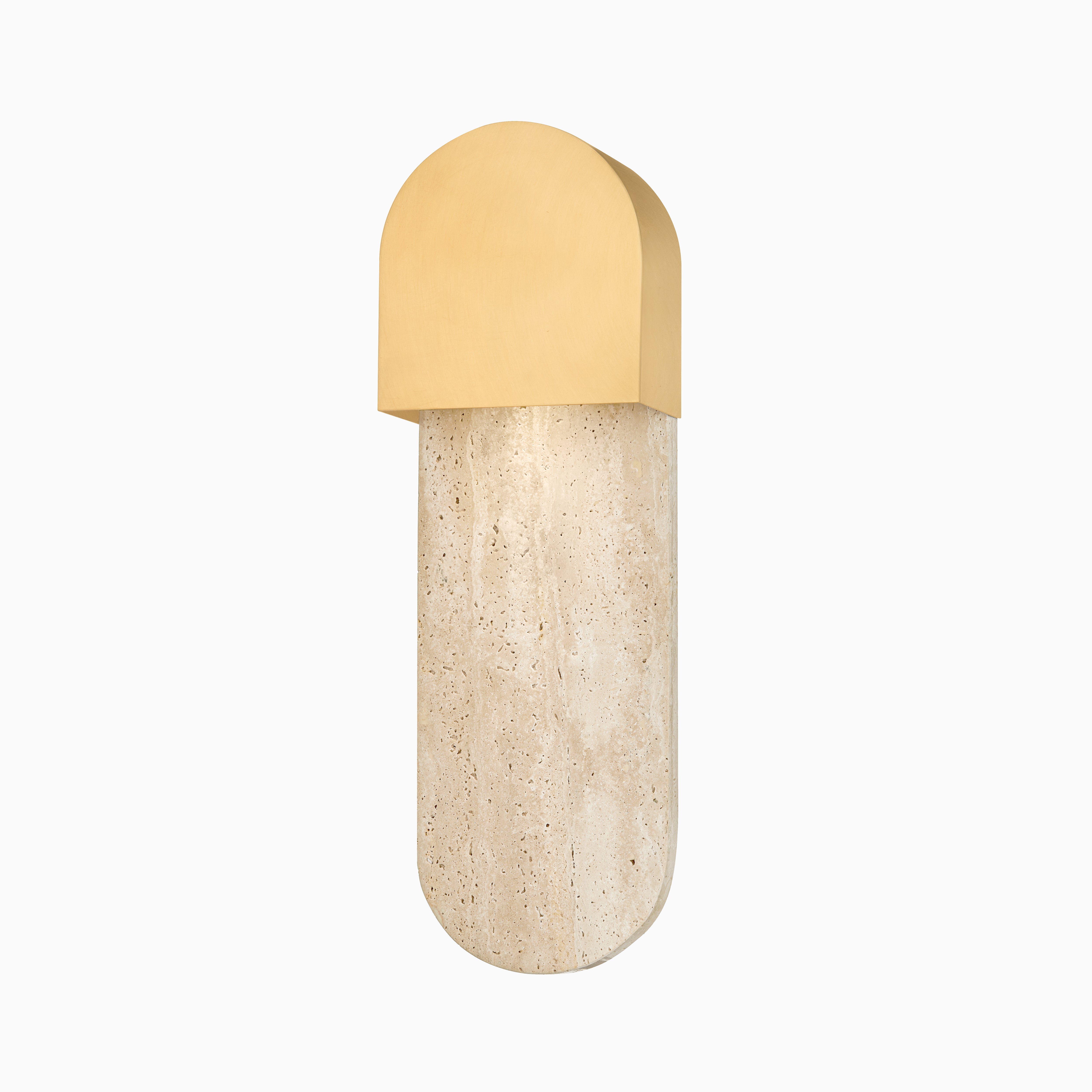 Minimalist wall sconce with a soft aged brass dome and a warm travertine stone backplate.