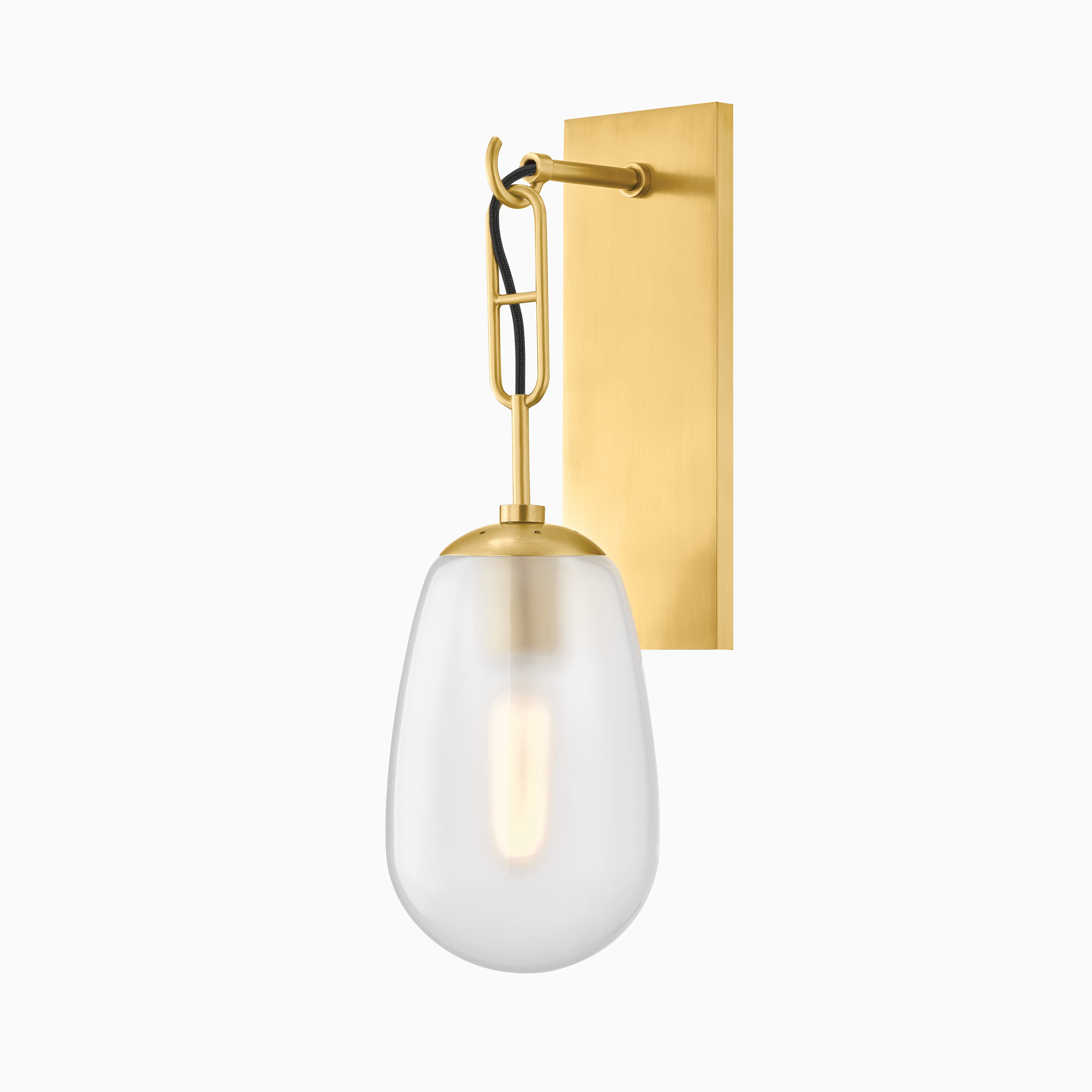 Aged brass wall sconce with a frosted teardrop glass shade hanging from a curved hook arm.