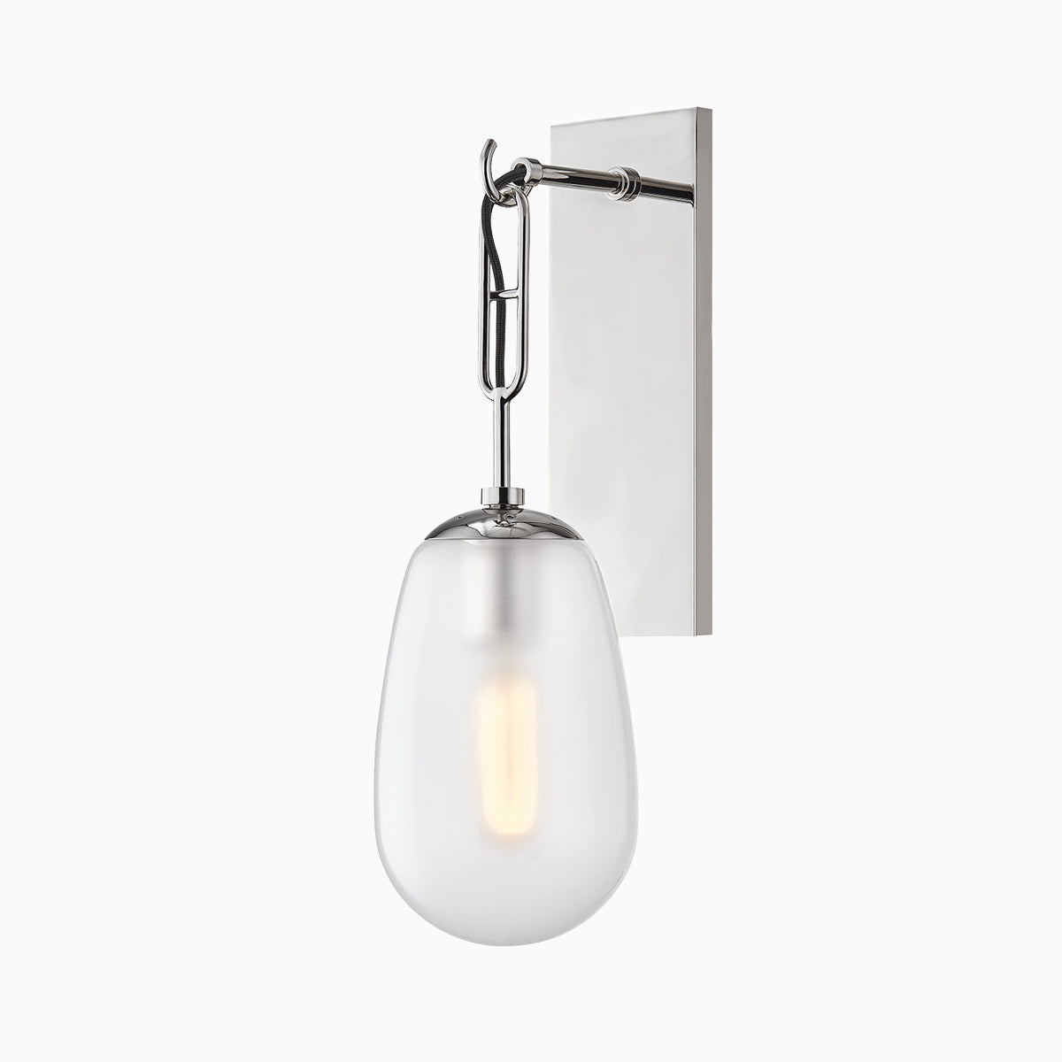 Polished nickel wall sconce with a frosted teardrop glass shade suspended from a sleek hook.