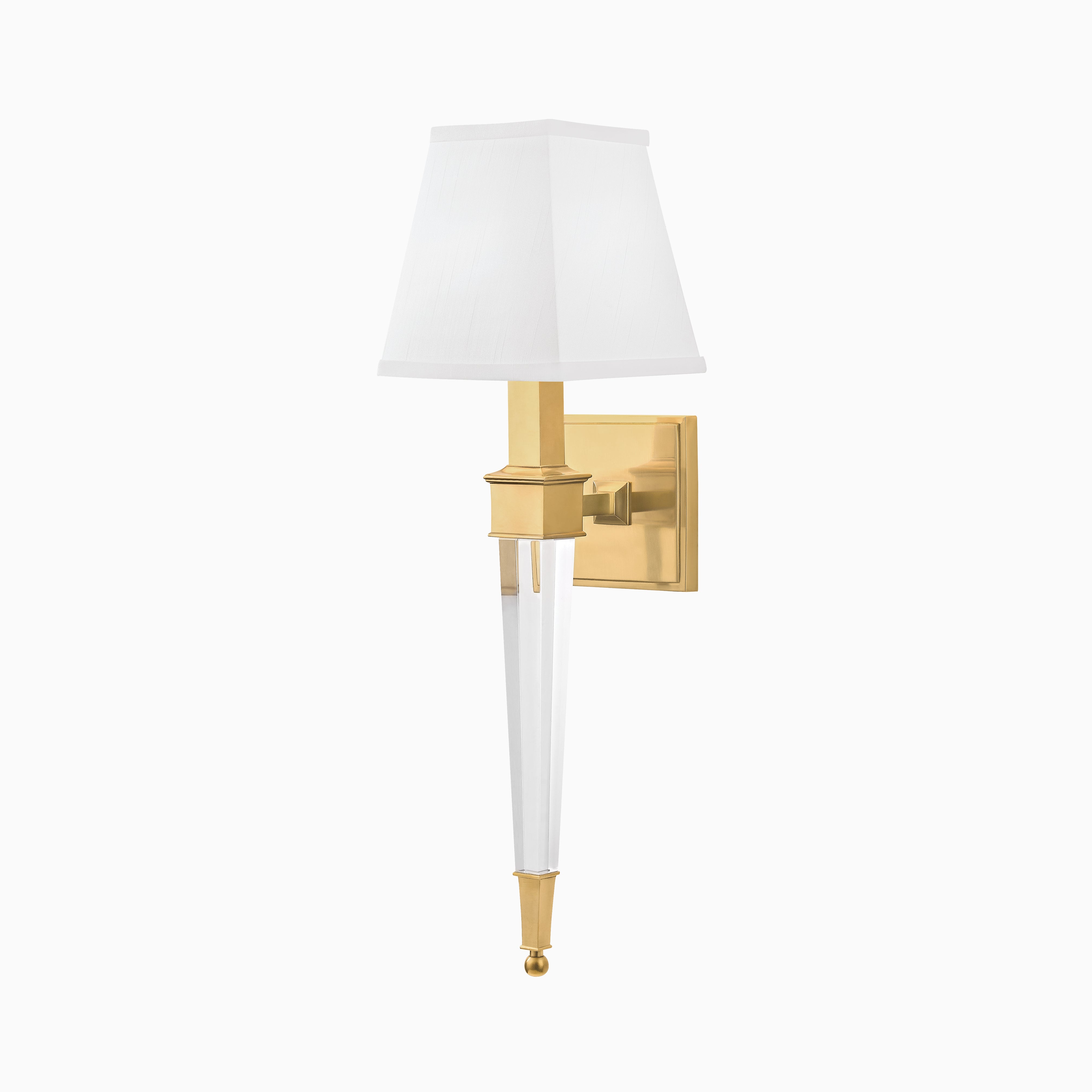 Sophisticated wall sconce with a warm gold finish, clear tapered stem, and a square white shade for timeless elegance.
