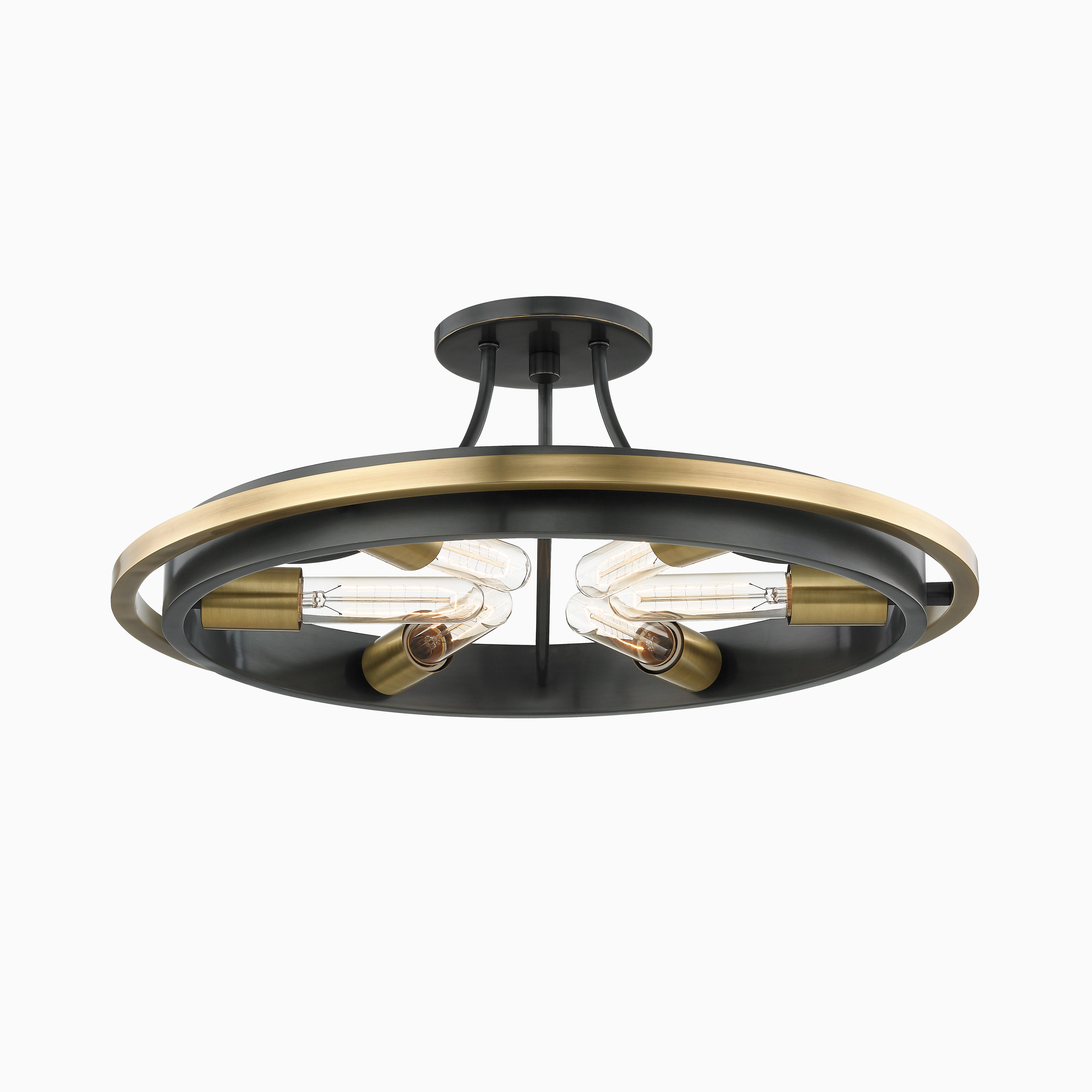 Black and gold semi-flush ceiling light with a round open frame and angled tubular bulbs, bringing a bold industrial edge to contemporary spaces.