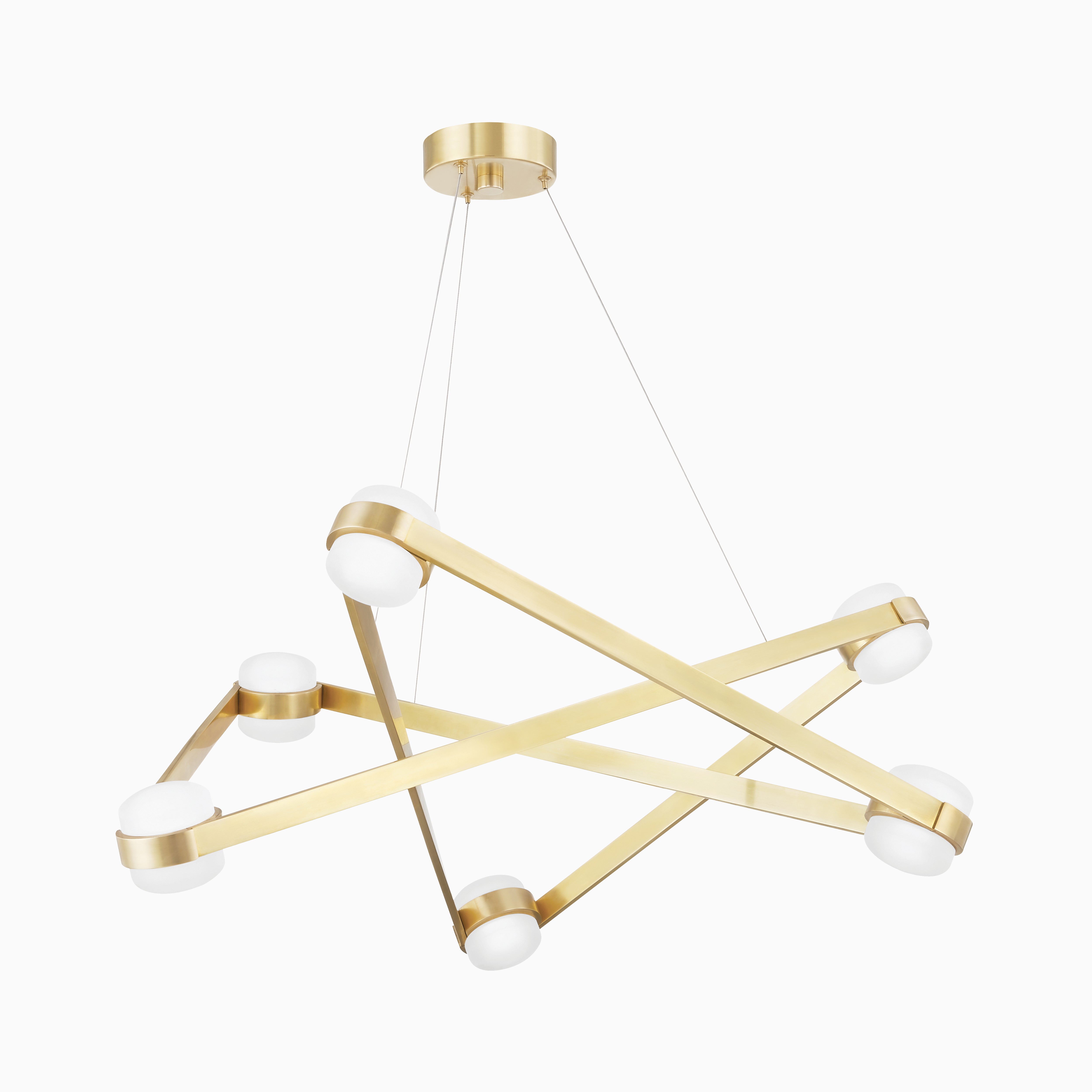 Geometric suspension light in brushed gold, featuring crisscrossing beams and frosted globes that combine artistic form with warm illumination.