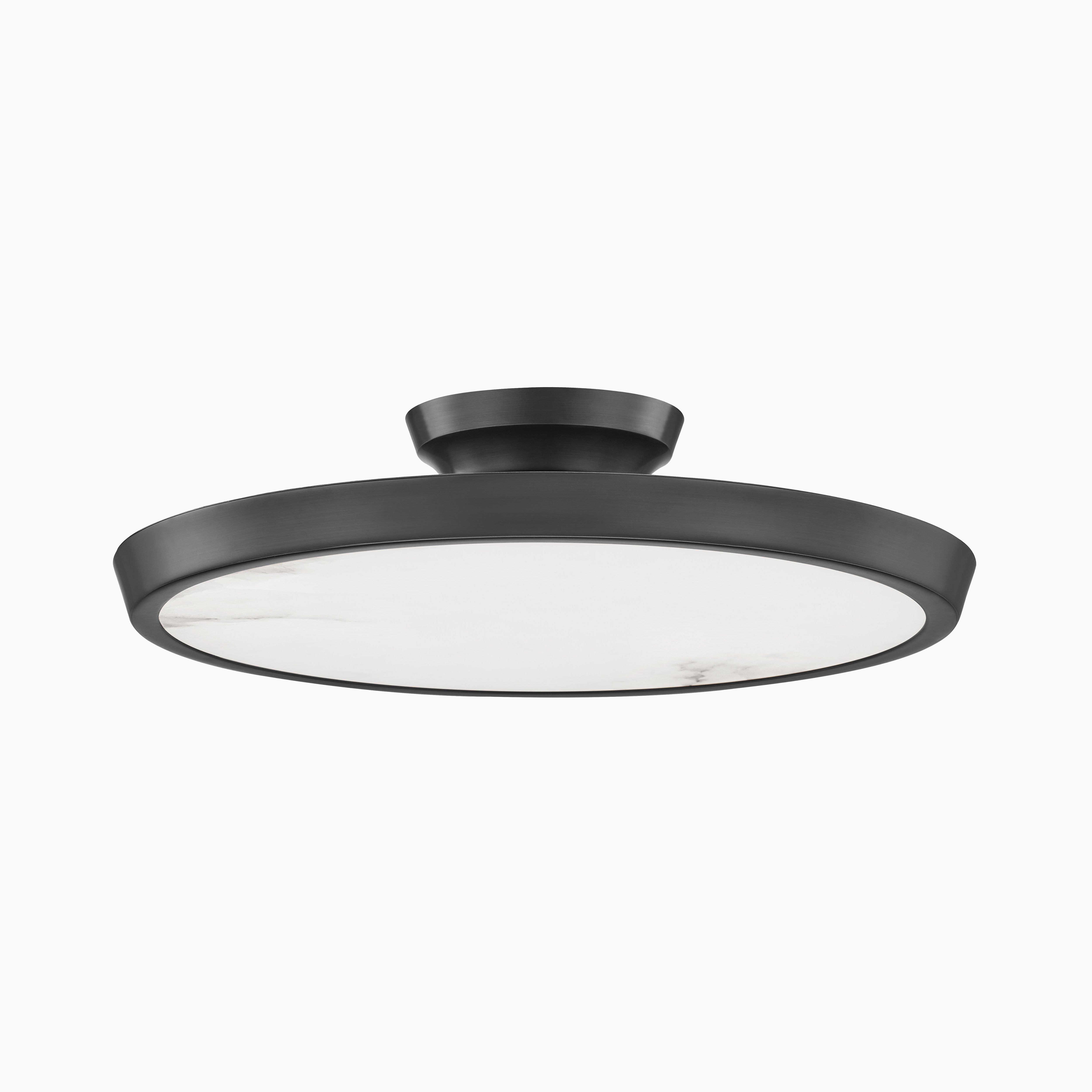 Modern flush mount light in old bronze finish with a wide flat circular shade and low-profile design for sleek contemporary interiors.