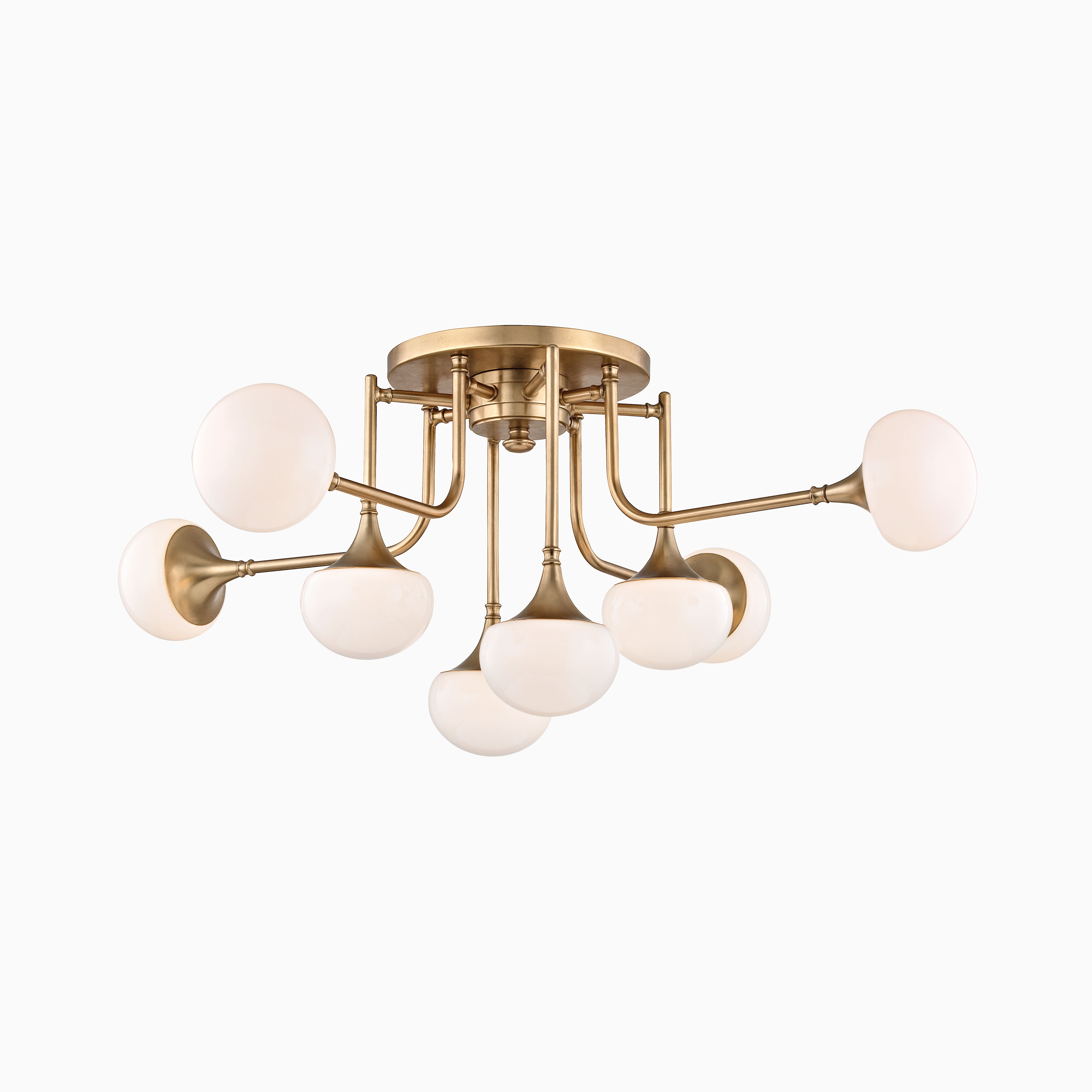 Semi-flush ceiling light in aged brass featuring multiple curved arms with white glass globes, arranged in a modern, radial design.