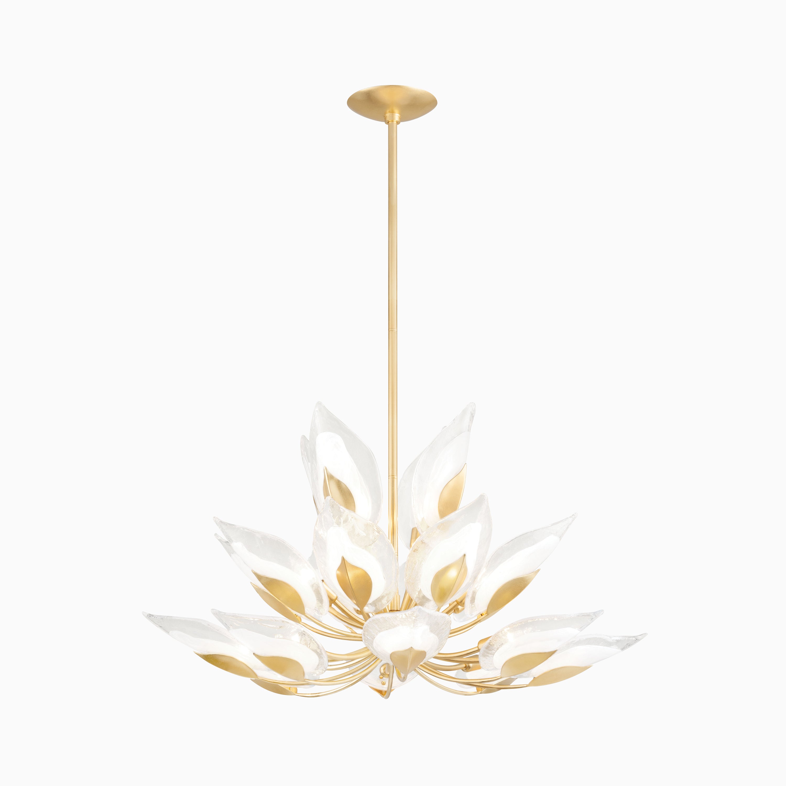 Gold leaf chandelier with sculptural glass petals arranged in layered form, blending artistic floral design with elegant modern style.