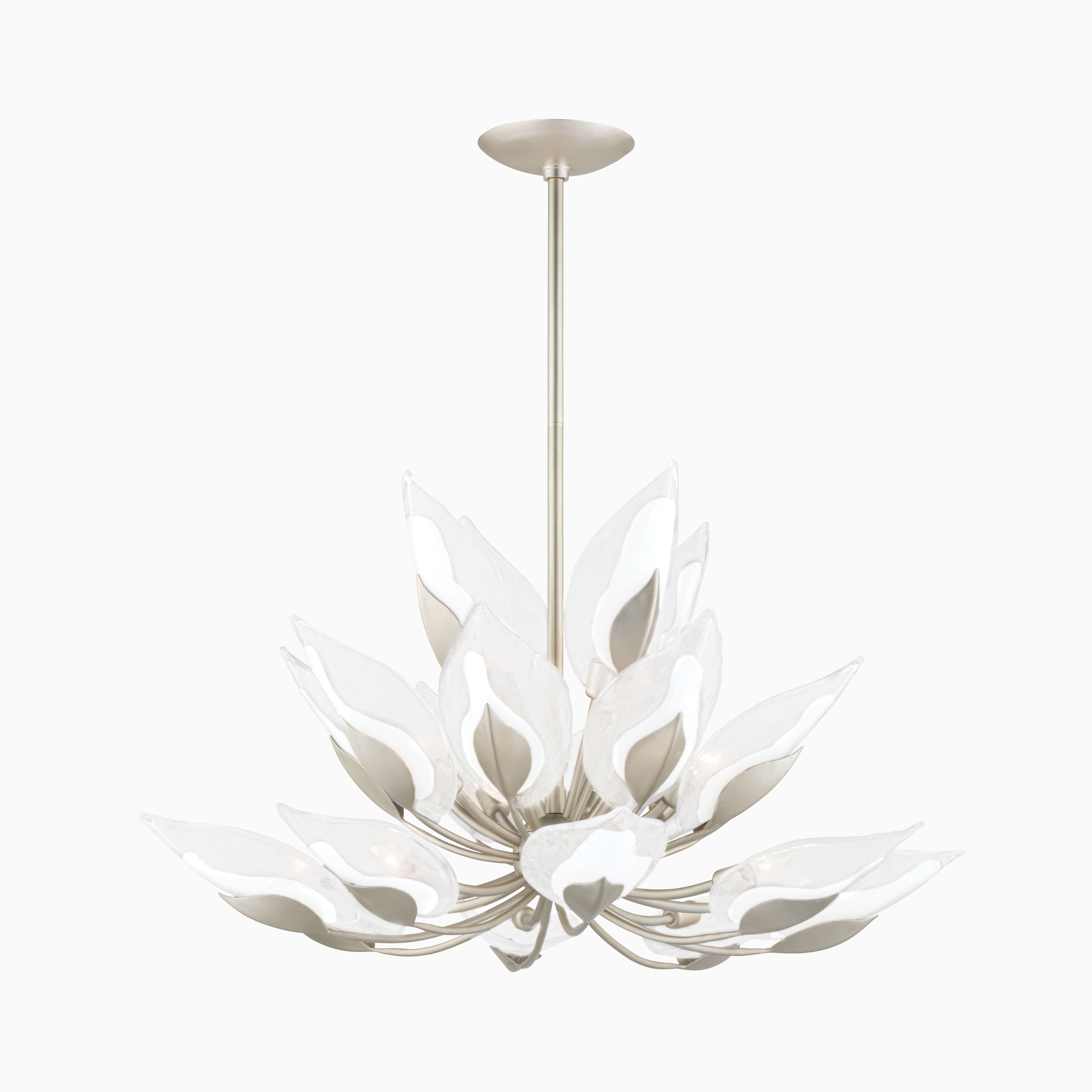Silver leaf chandelier with layered glass petals in a sculptural floral design, combining elegant shine with modern artistic style.