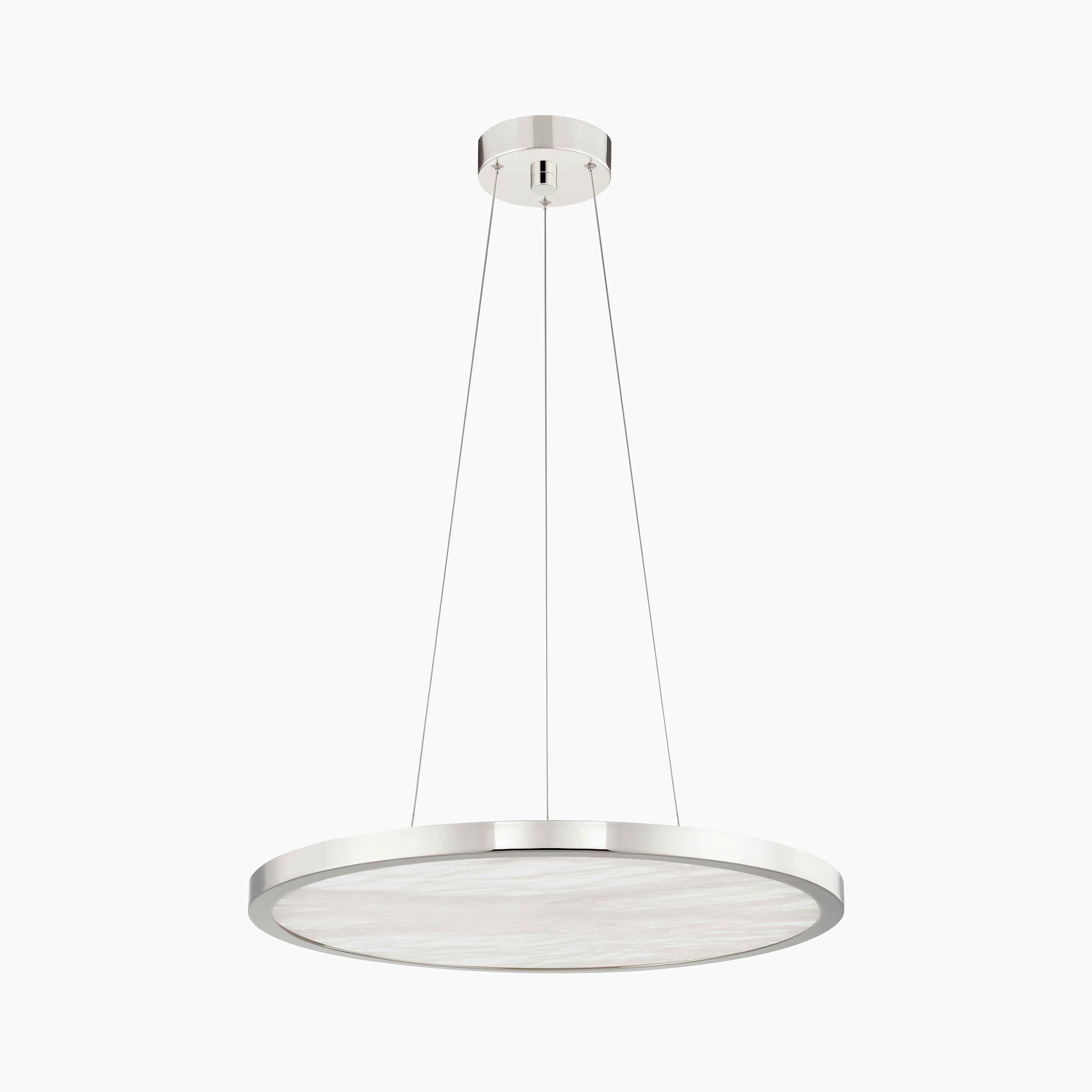 24" polished nickel chandelier with slim circular frame, suspended cables, and alabaster diffuser for a sleek modern minimalist design.