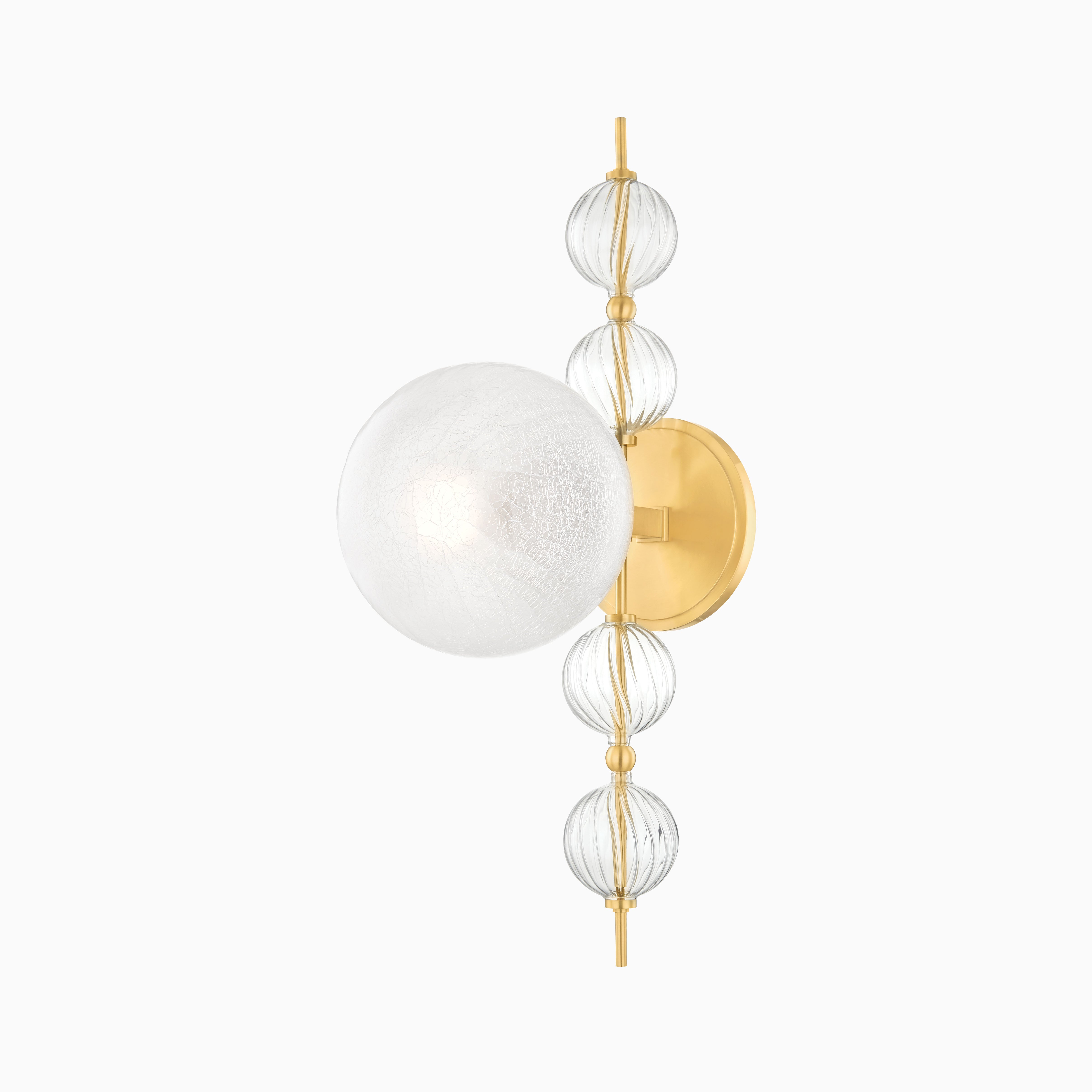 Aged brass wall sconce with round backplate, crackled glass globe, and vertical rod accented by ribbed glass orbs for elegant modern design.