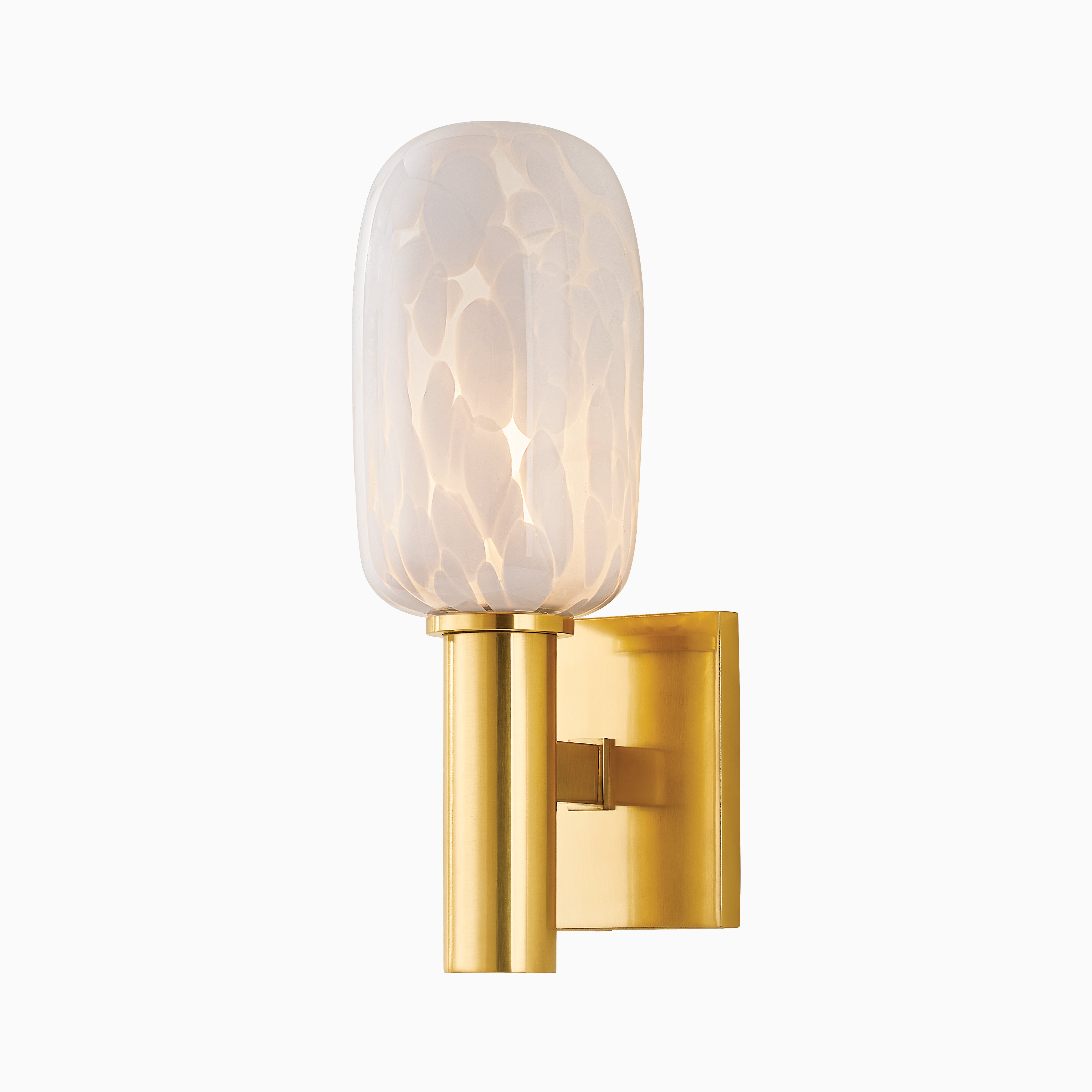 Aged brass wall sconce with rectangular backplate and cylindrical arm, featuring a sculpted textured glass shade with organic patterns.