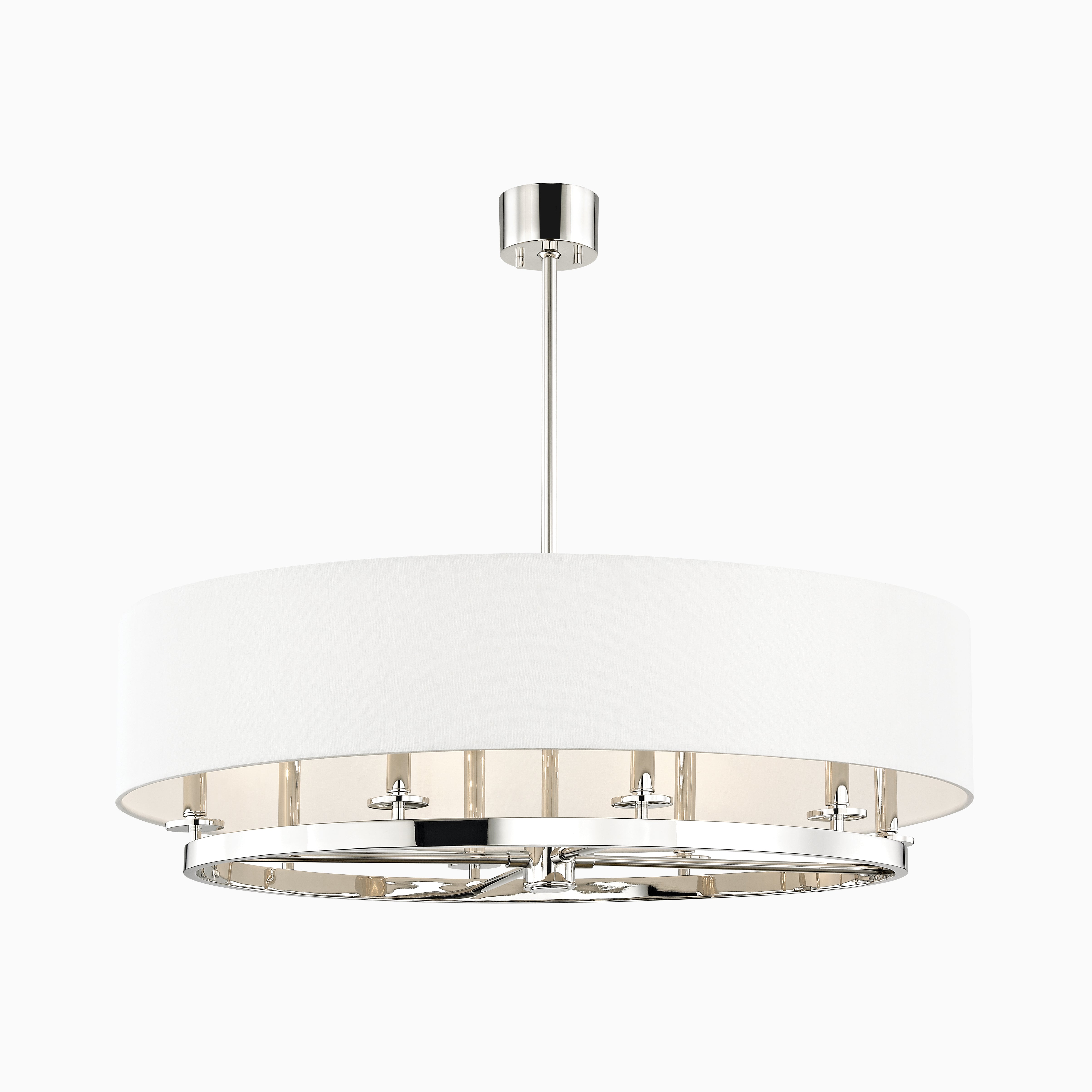 Drum-style pendant with an off-white linen shade and polished nickel frame, offering soft, diffused light in a sleek silhouette.